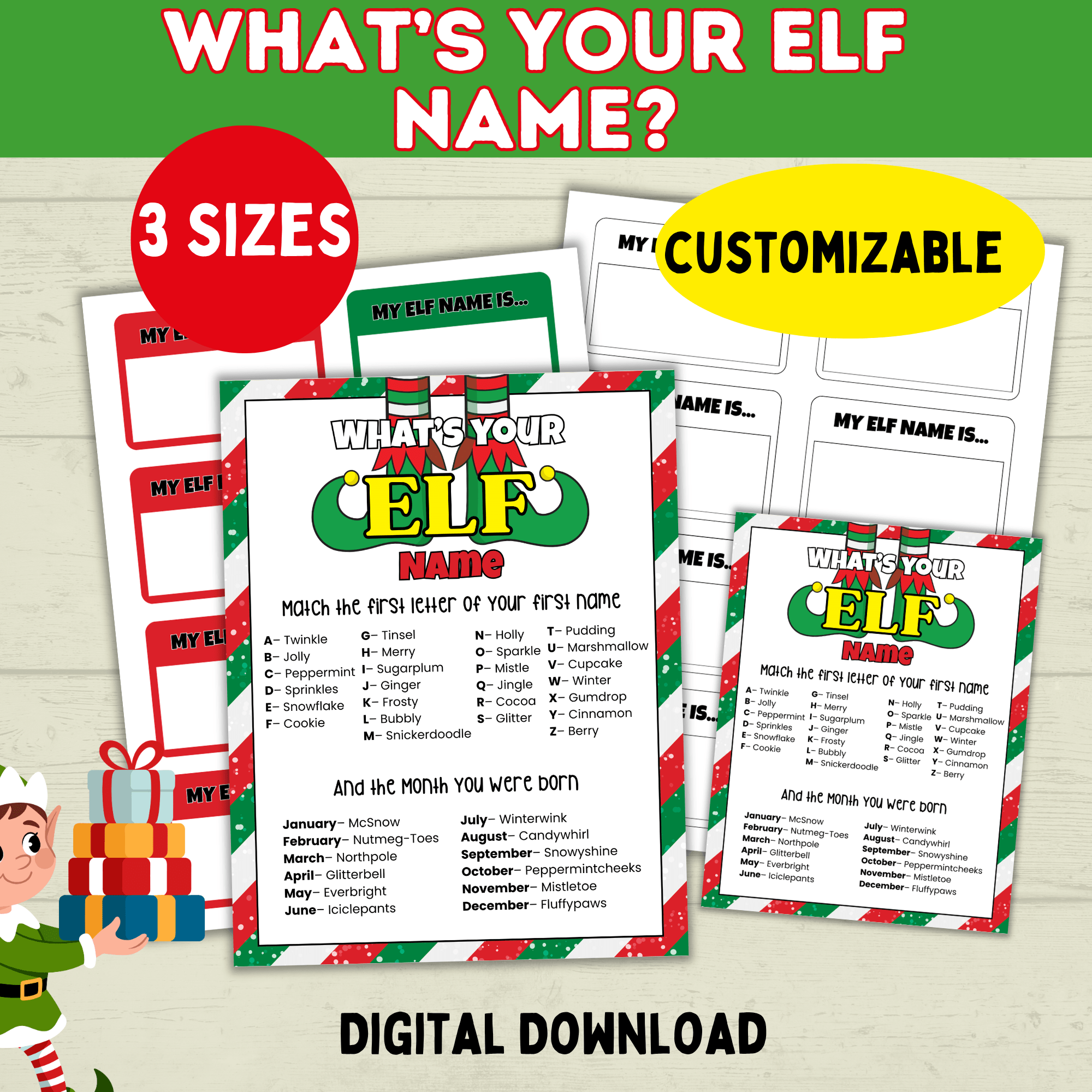 Elf Name Printable Party Game for Kids, Customizable PDF digital Download