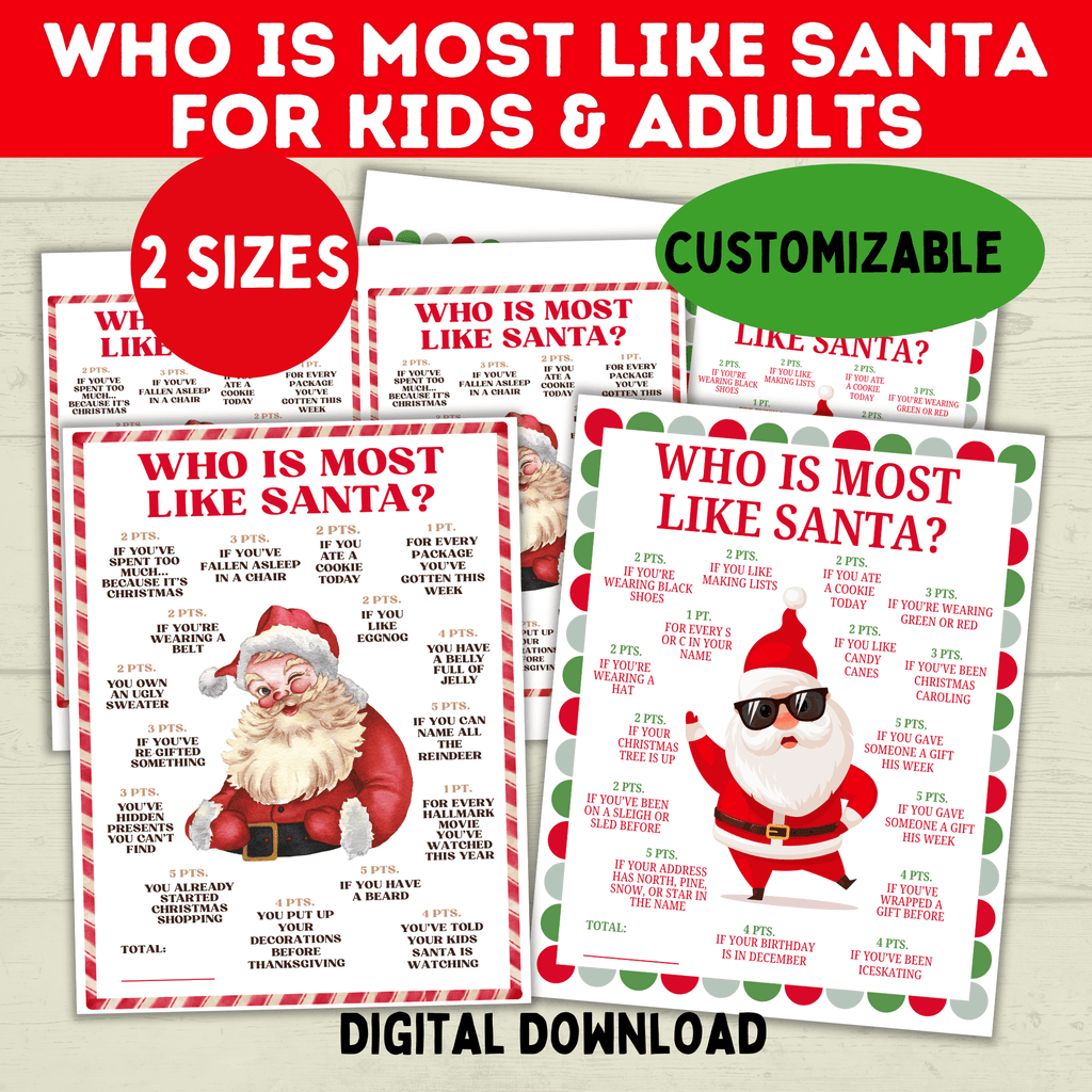 Who is Most Like Santa Claus Christmas Printable Game Kids and Adults, Christmas Party Games, Customizable