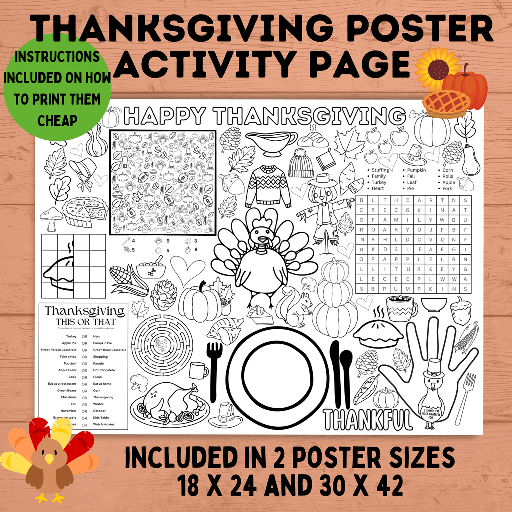 Thanksgiving Activity Page Poster | Thanksgiving Activity for Kids | Thanksgiving Posters | Thanksgiving Tablecloth | Thanksgiving Placemat