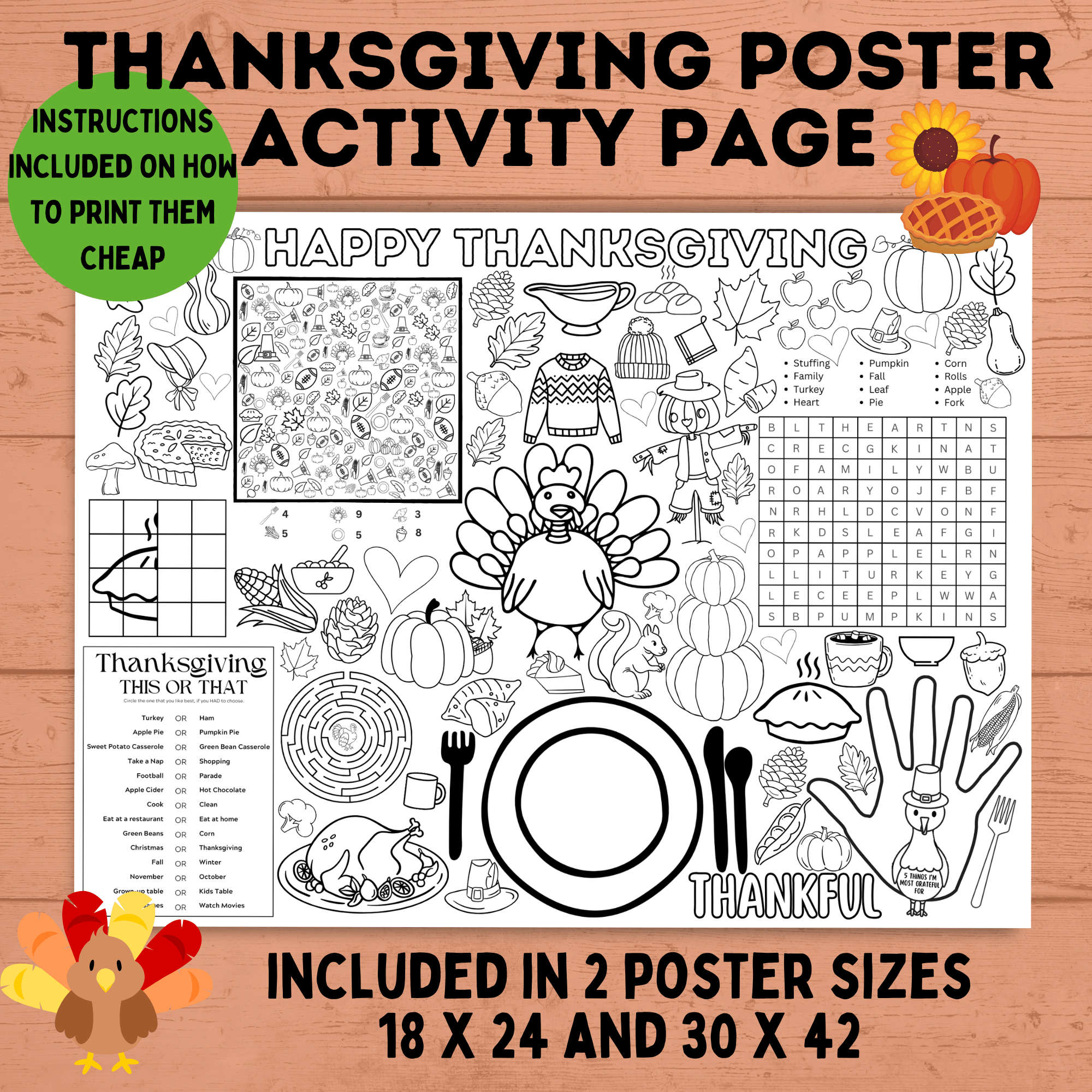 Thanksgiving Activity Page Poster | Thanksgiving Activity for Kids | Thanksgiving Posters | Thanksgiving Tablecloth | Thanksgiving Placemat