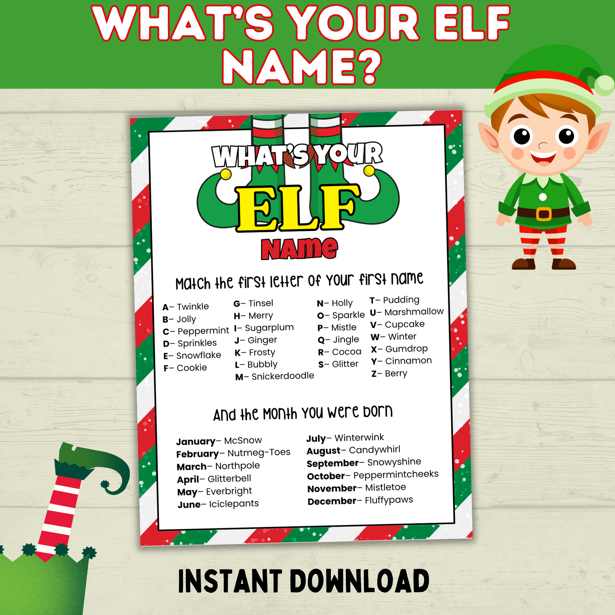 Elf Name Printable Party Game for Kids, Customizable PDF digital Download