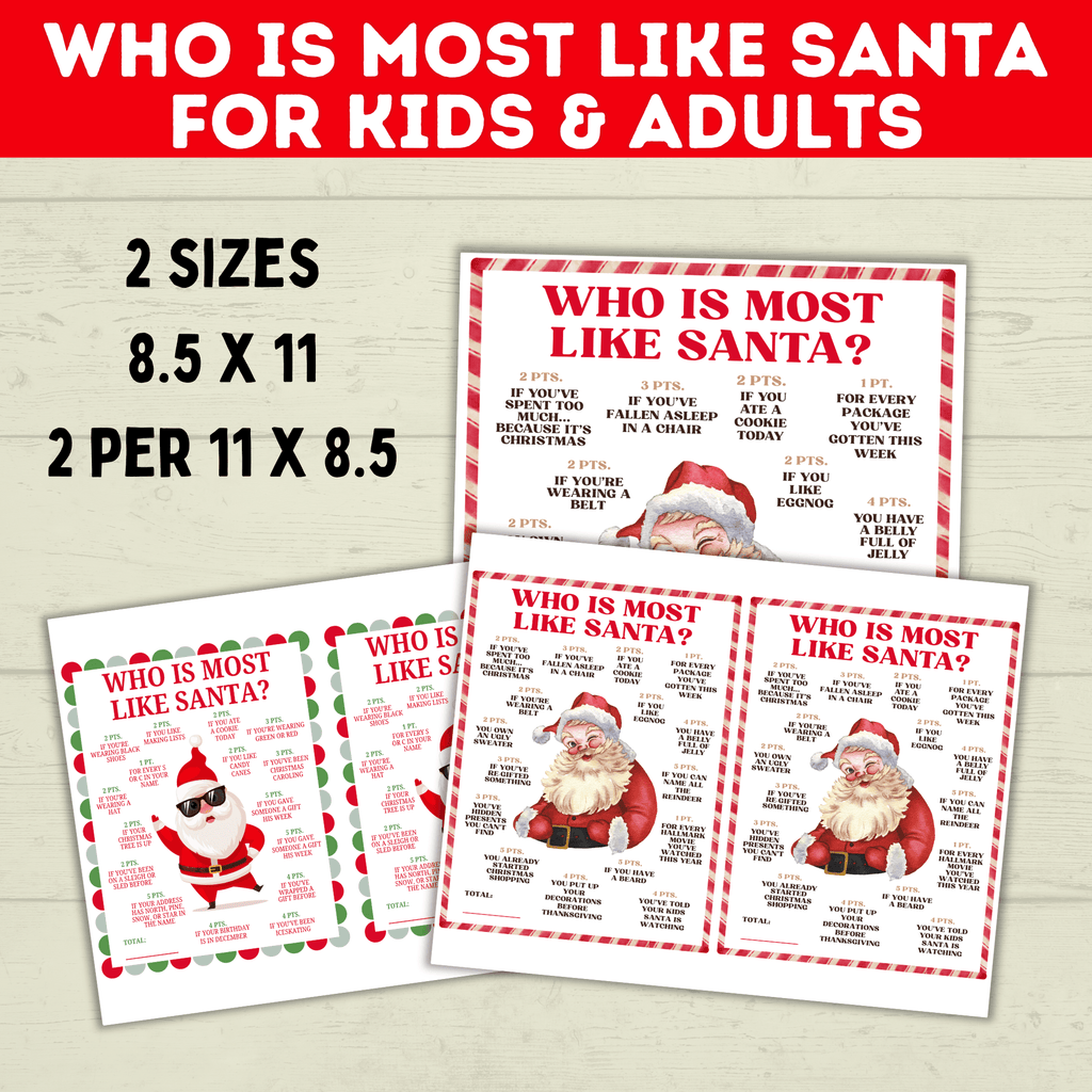 Who is Most Like Santa Claus Christmas Printable Game Kids and Adults, Christmas Party Games, Customizable