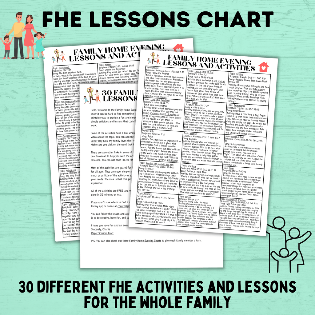 Family Home Evening Activity and Lessons Chart for Kids | FHE Lessons | Sunday Lessons | FHE activities | Family Activities | FHE Ideas