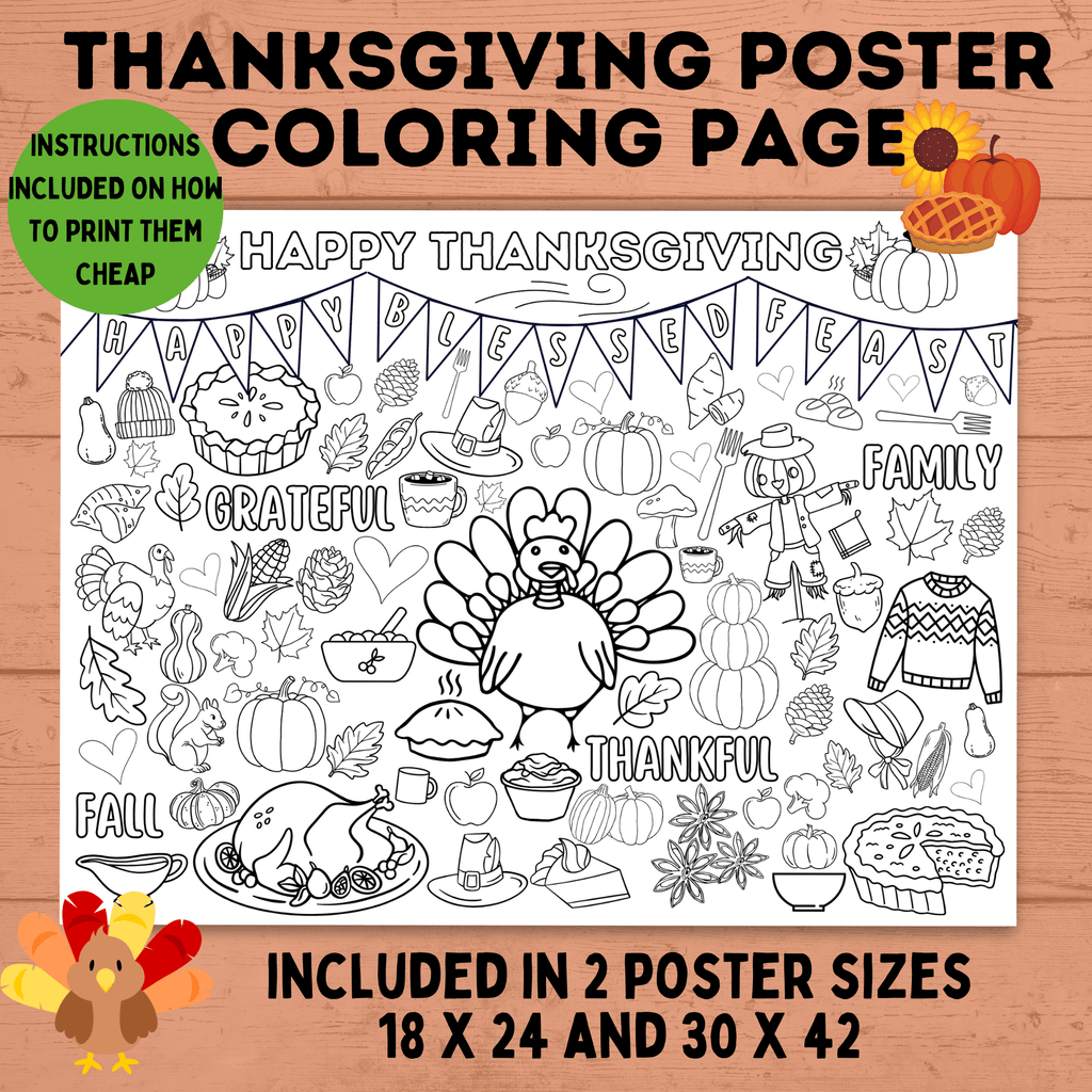 Thanksgiving Coloring Poster for Kids | Poster for Kids | Thanksgiving Activities for Kids | 18 x 24 and 30 x 42 | Thanksgiving Tablecloth