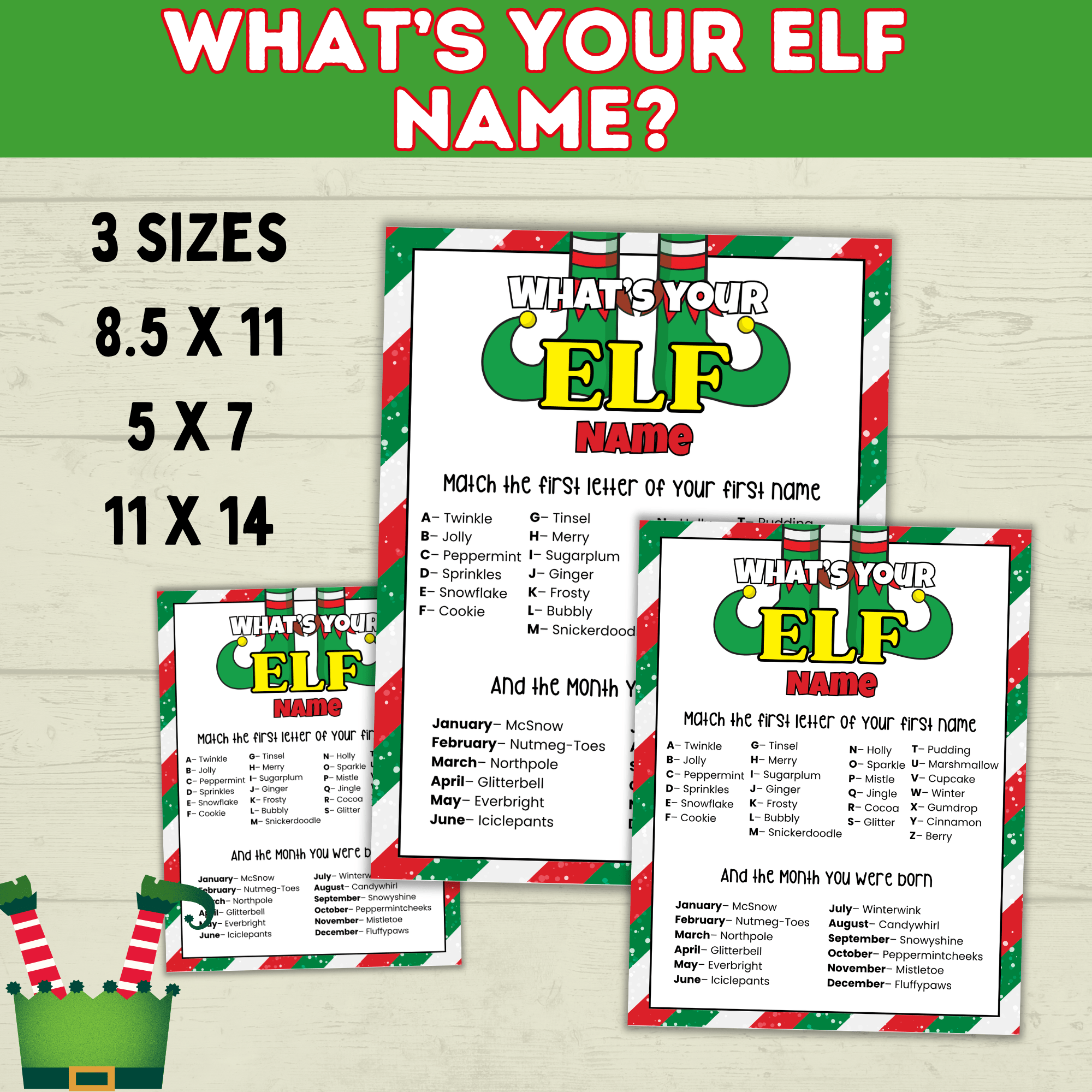 Elf Name Printable Party Game for Kids, Customizable PDF digital Download