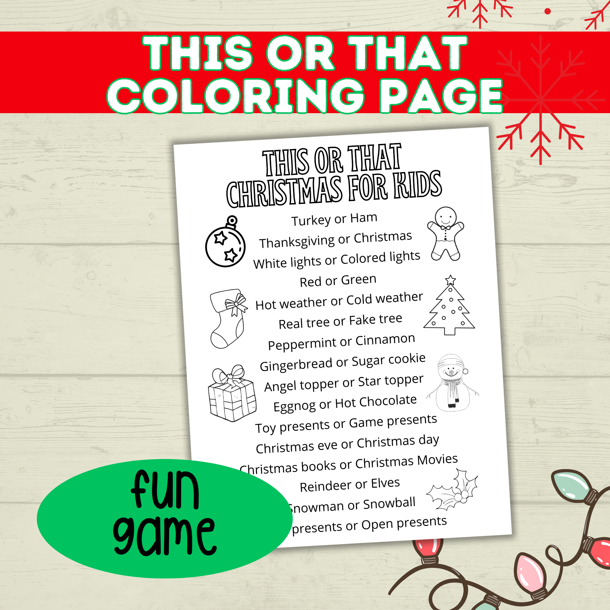 This or That Printable Christmas Game for Kids, Classrooms, and Parties