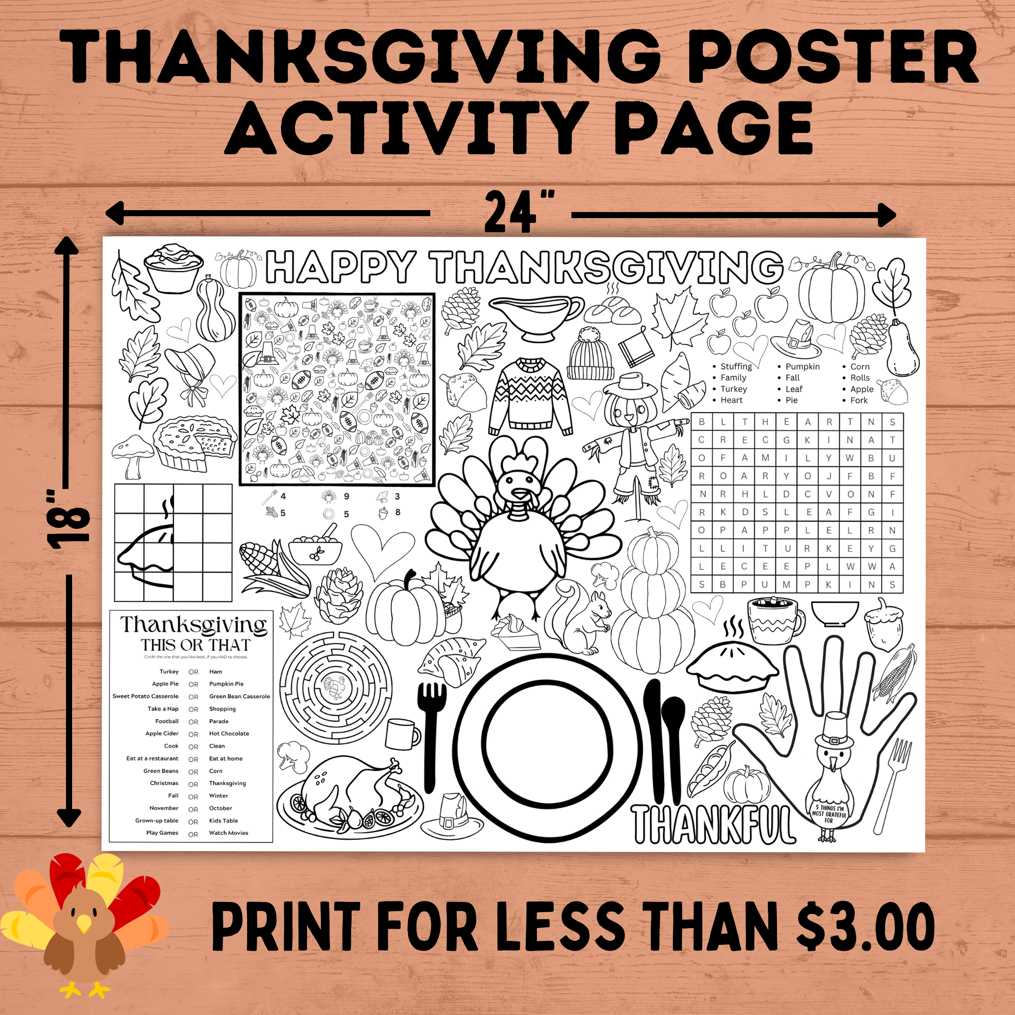 Thanksgiving Activity Page Poster | Thanksgiving Activity for Kids | Thanksgiving Posters | Thanksgiving Tablecloth | Thanksgiving Placemat