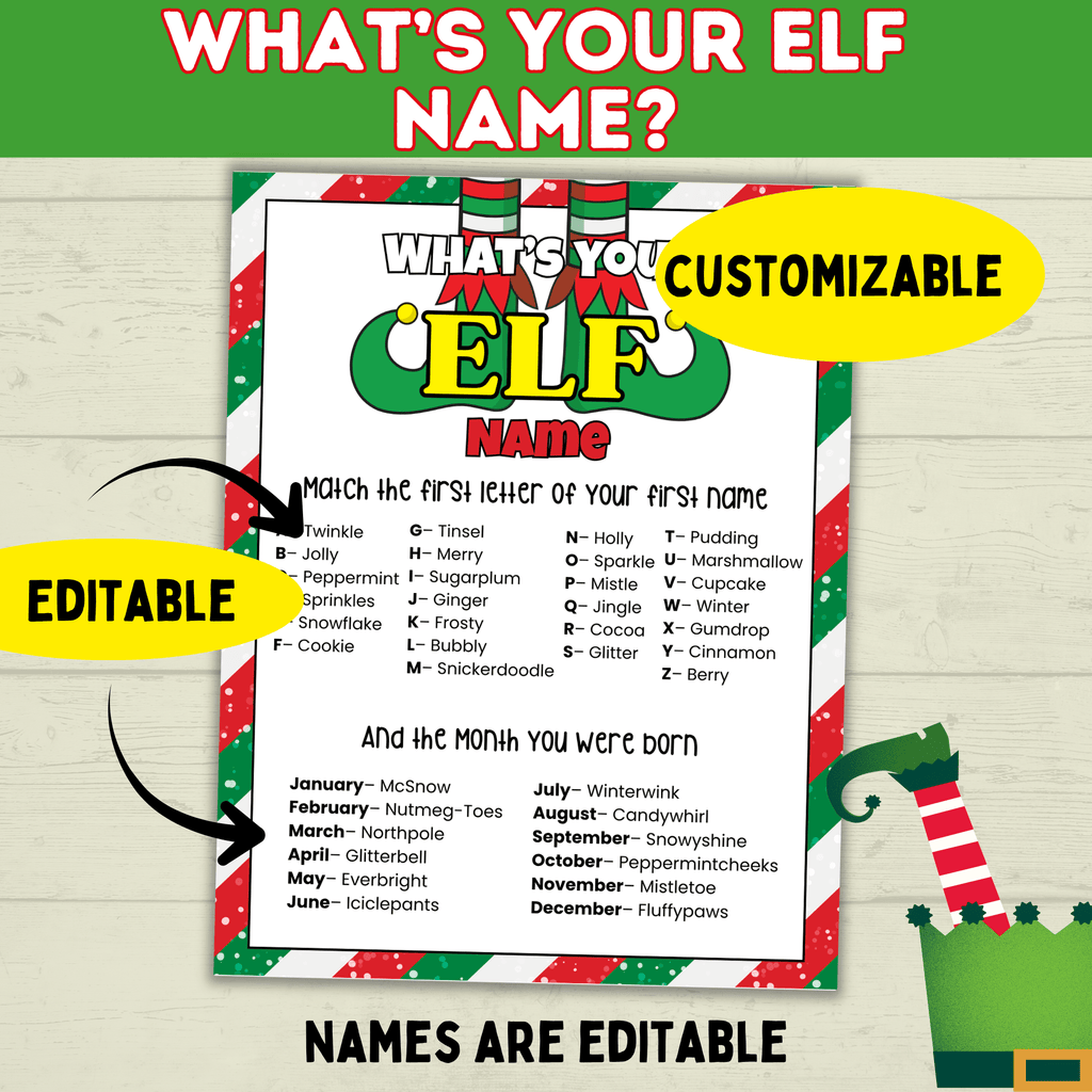 Elf Name Printable Party Game for Kids, Customizable PDF digital Download