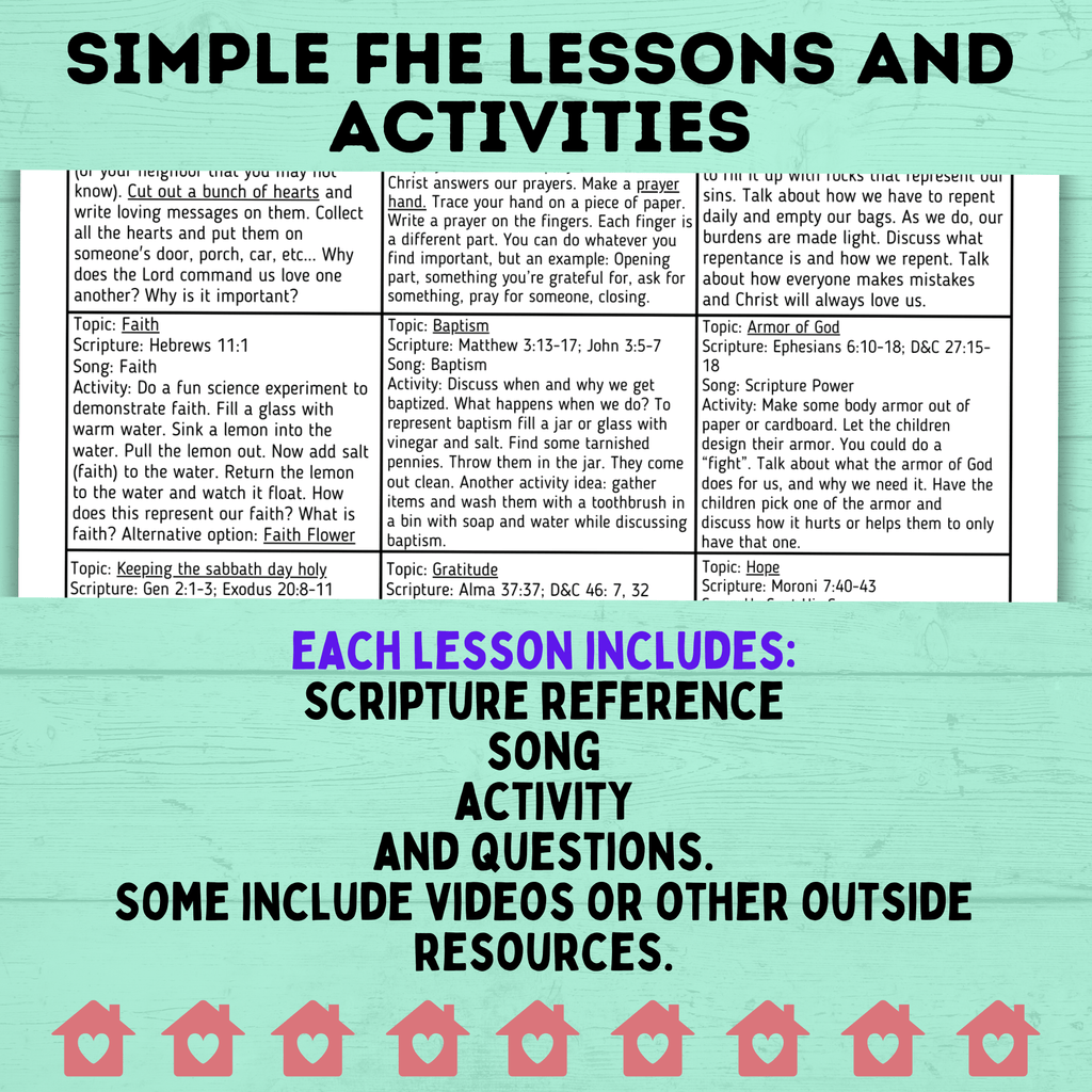 Family Home Evening Activity and Lessons Chart for Kids | FHE Lessons | Sunday Lessons | FHE activities | Family Activities | FHE Ideas