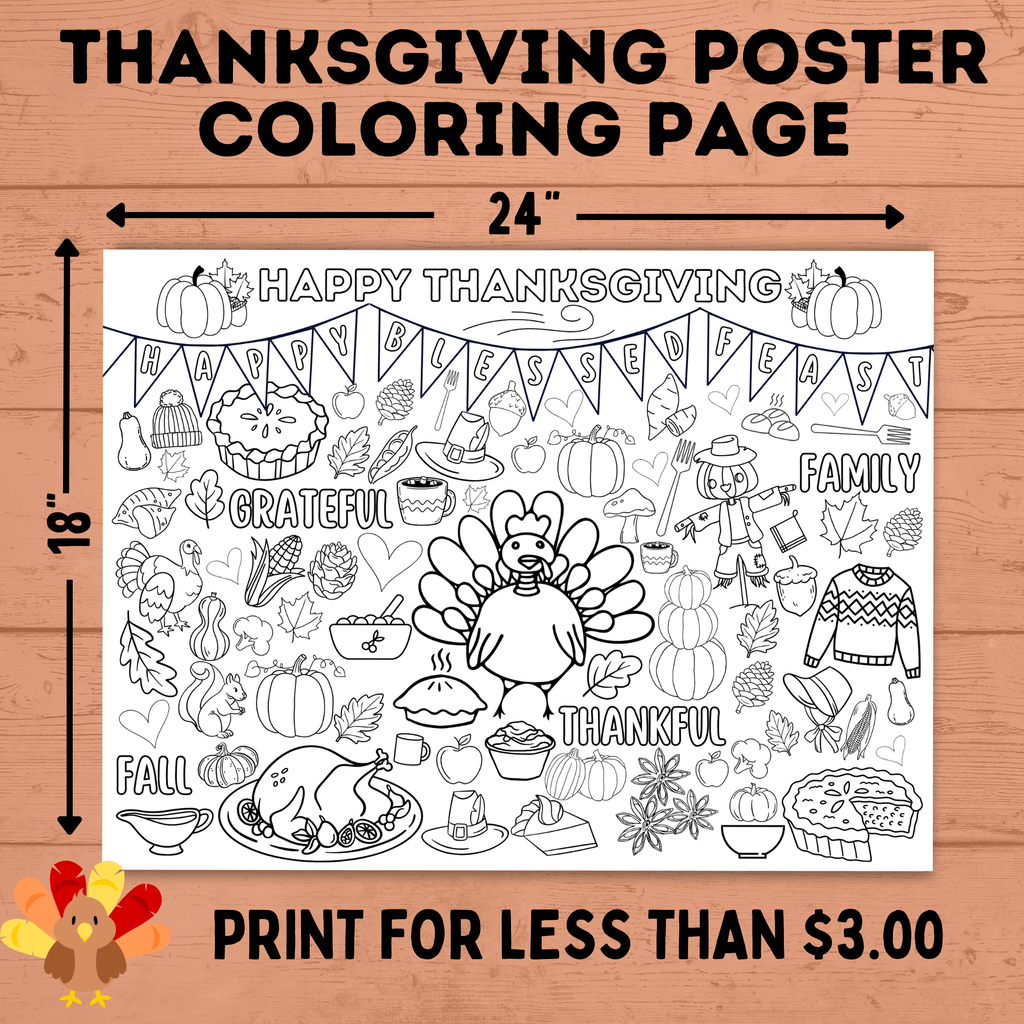 Thanksgiving Coloring Poster for Kids | Poster for Kids | Thanksgiving Activities for Kids | 18 x 24 and 30 x 42 | Thanksgiving Tablecloth