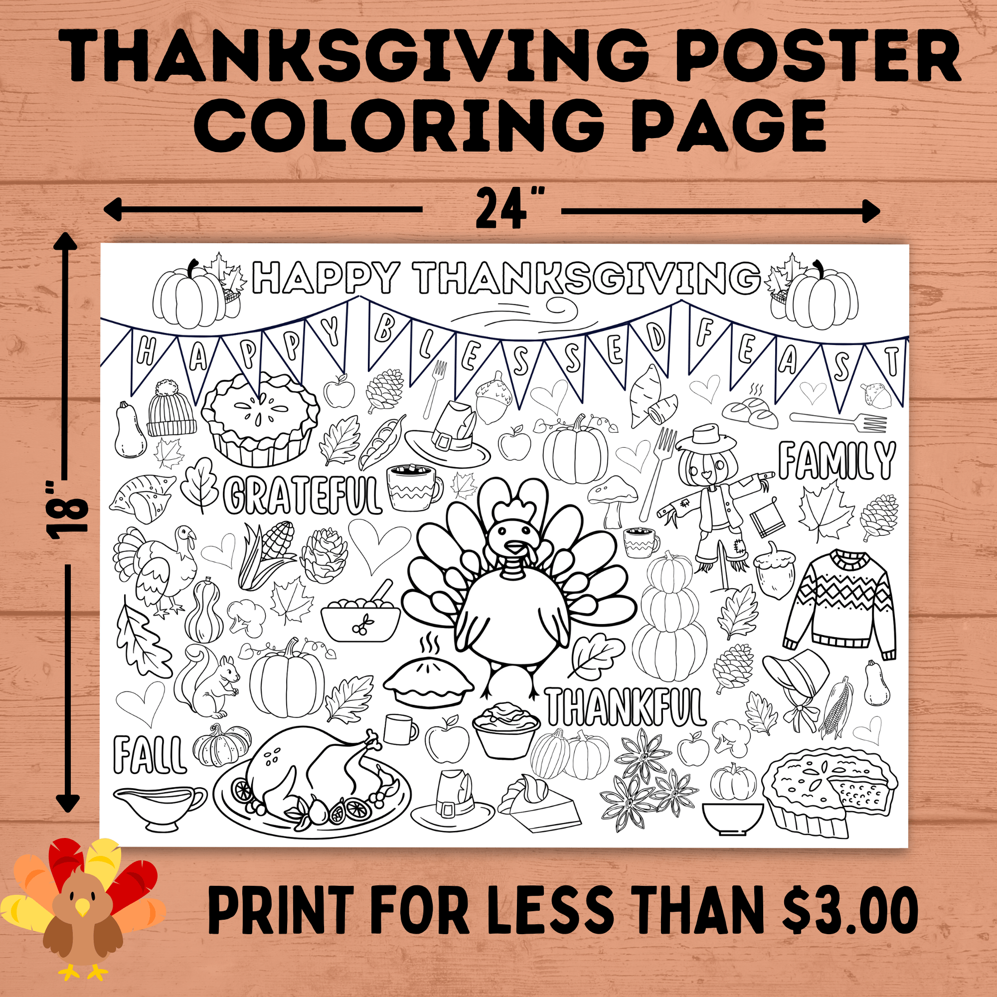 Thanksgiving Coloring Poster for Kids | Poster for Kids | Thanksgiving Activities for Kids | 18 x 24 and 30 x 42 | Thanksgiving Tablecloth