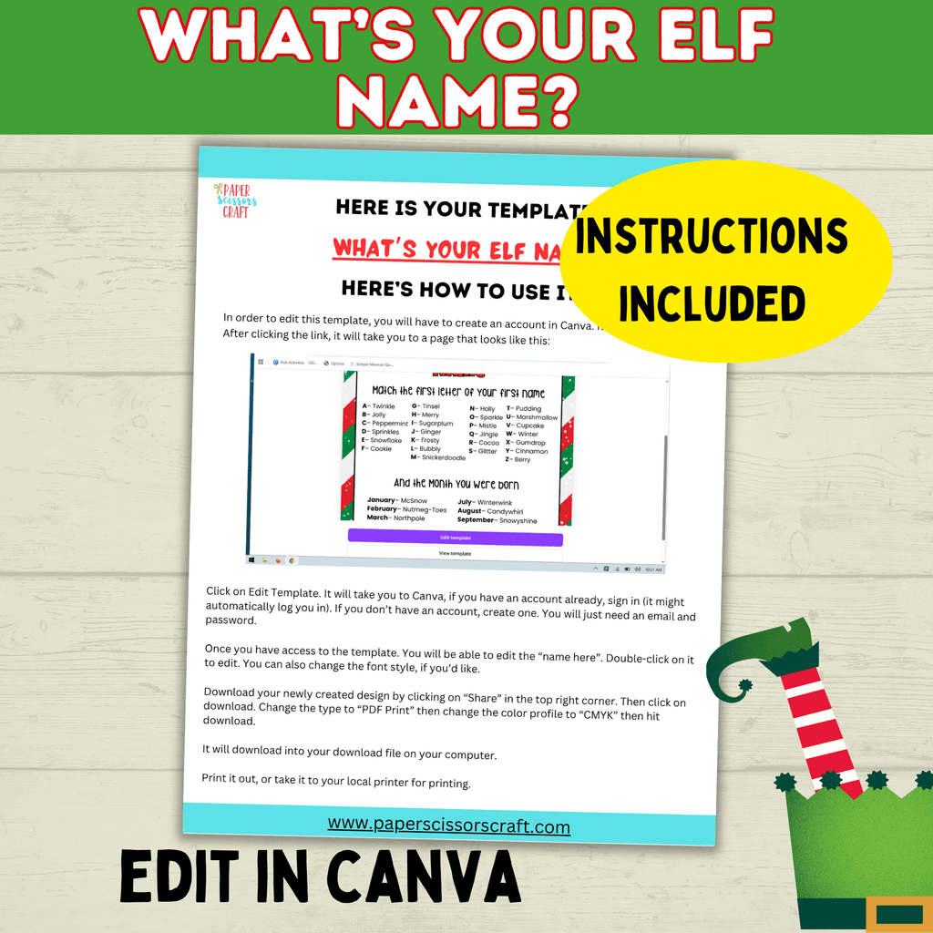 Elf Name Printable Party Game for Kids, Customizable PDF digital Download