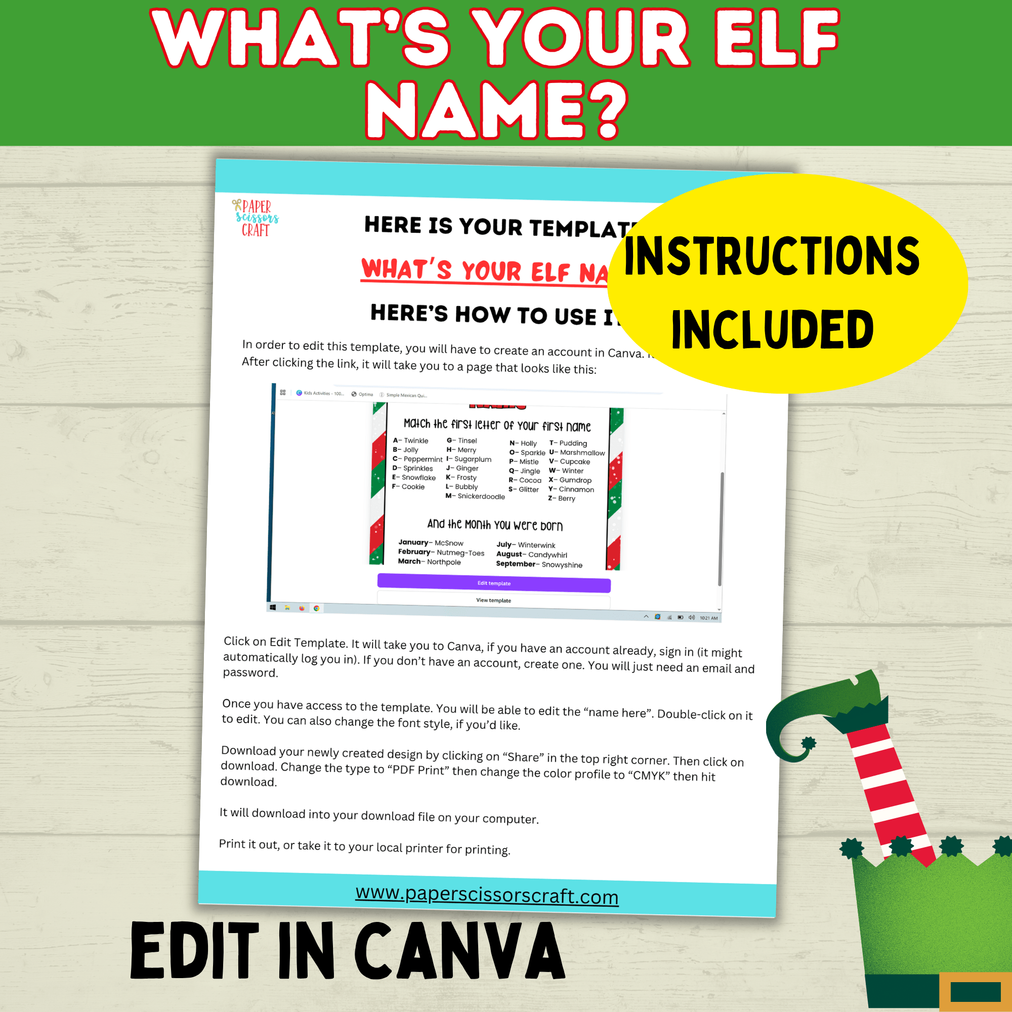 Elf Name Printable Party Game for Kids, Customizable PDF digital Download