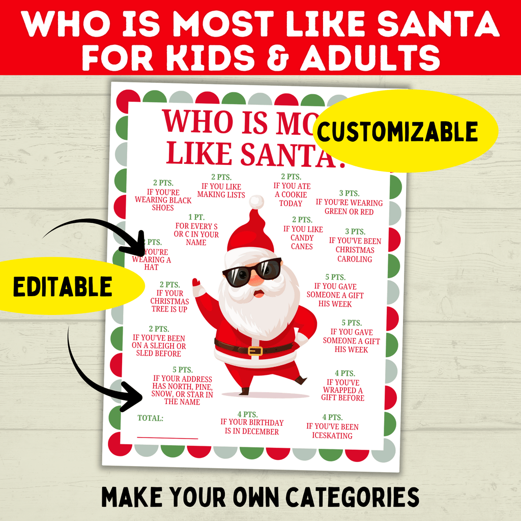 Who is Most Like Santa Claus Christmas Printable Game Kids and Adults, Christmas Party Games, Customizable