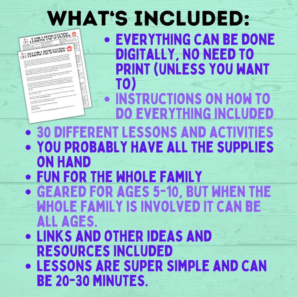 Family Home Evening Activity and Lessons Chart for Kids | FHE Lessons | Sunday Lessons | FHE activities | Family Activities | FHE Ideas