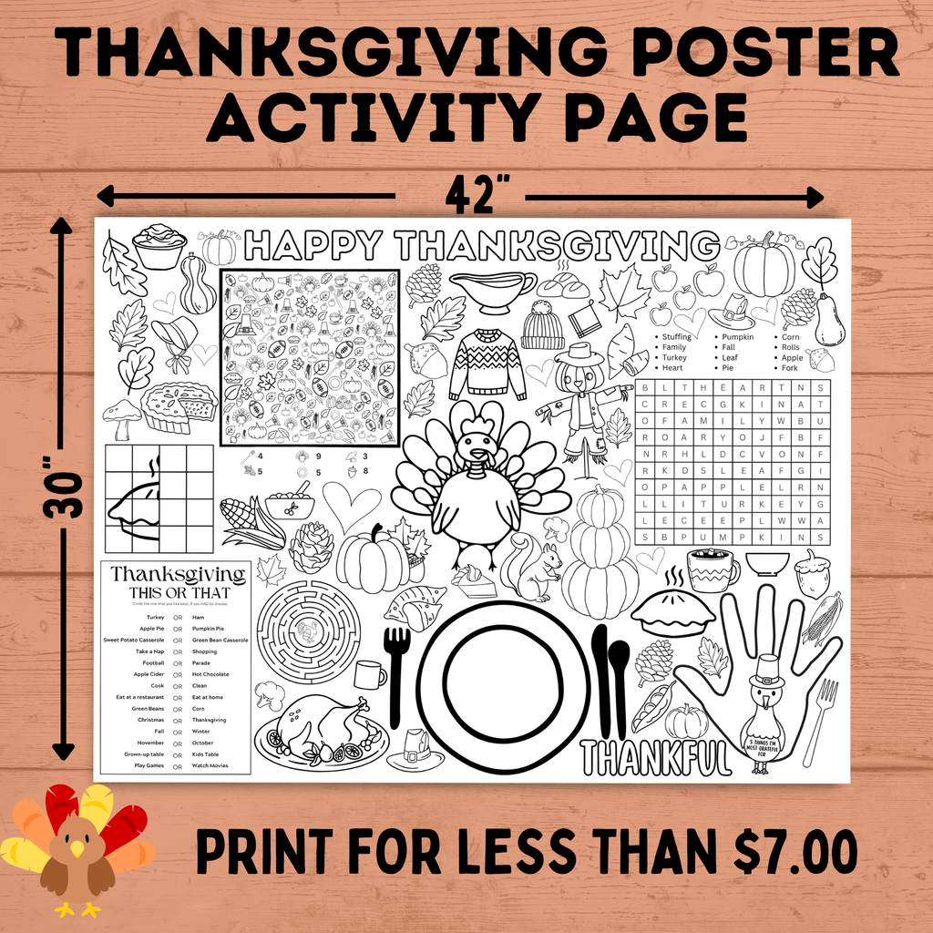 Thanksgiving Activity Page Poster | Thanksgiving Activity for Kids | Thanksgiving Posters | Thanksgiving Tablecloth | Thanksgiving Placemat