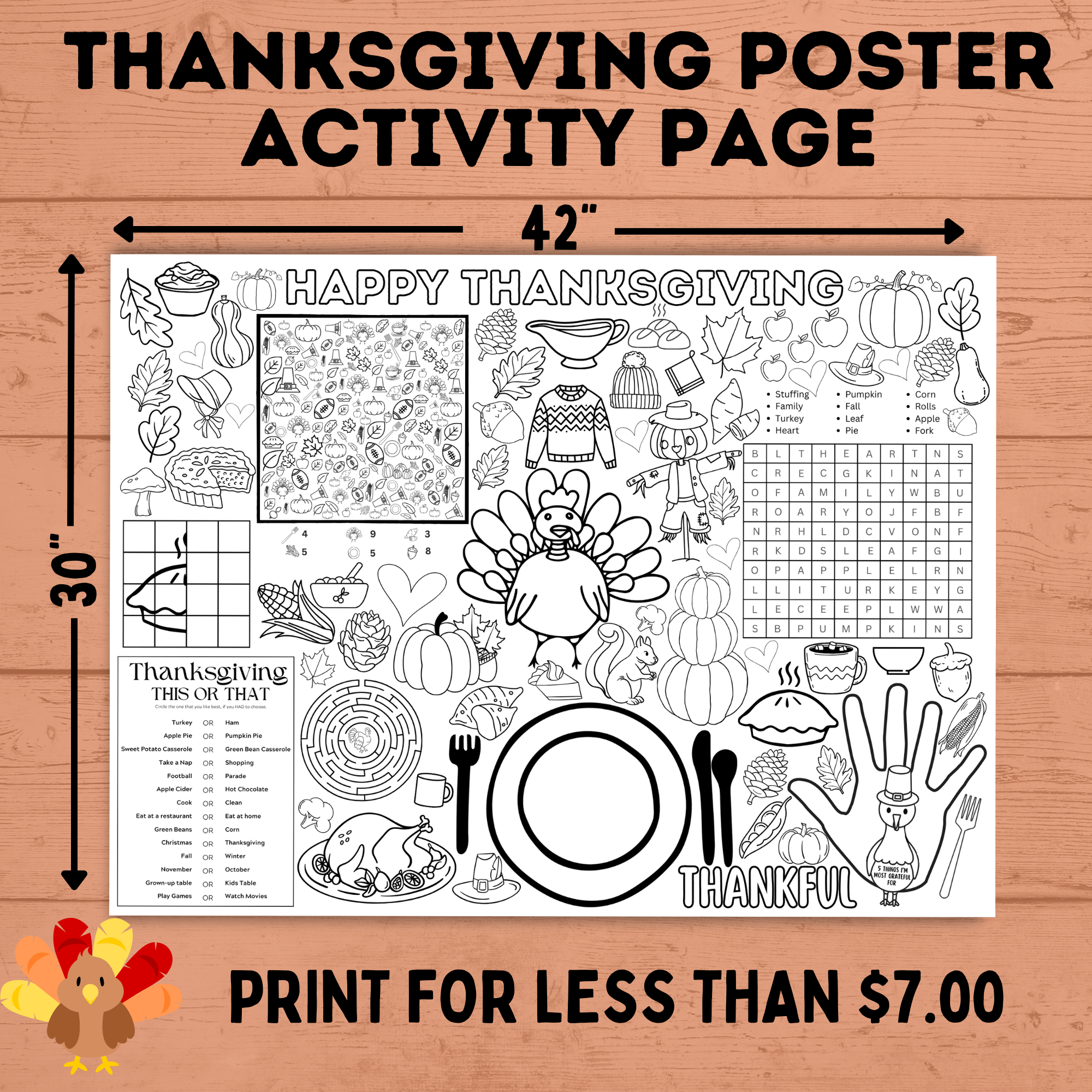 Thanksgiving Activity Page Poster | Thanksgiving Activity for Kids | Thanksgiving Posters | Thanksgiving Tablecloth | Thanksgiving Placemat