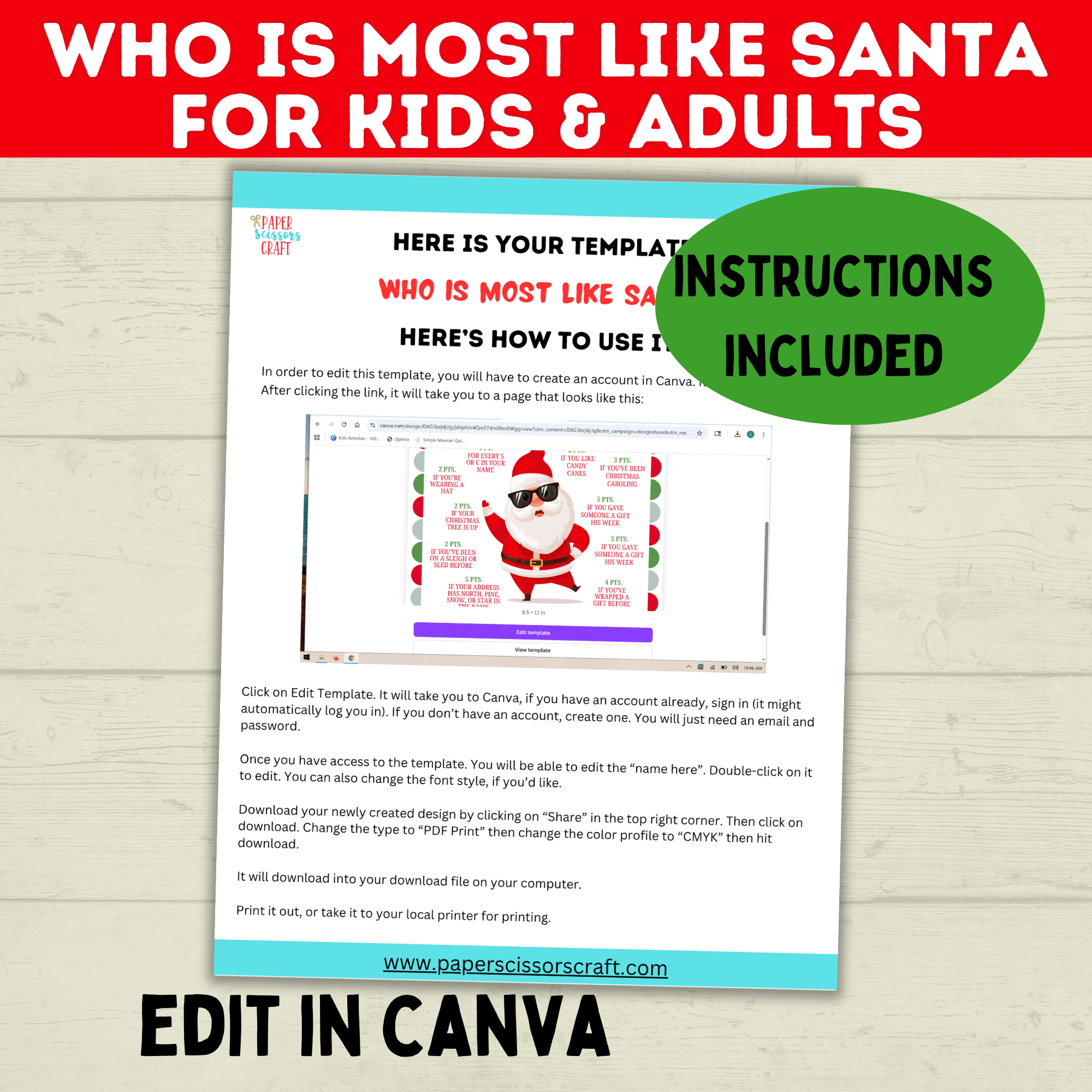 Who is Most Like Santa Claus Christmas Printable Game Kids and Adults, Christmas Party Games, Customizable