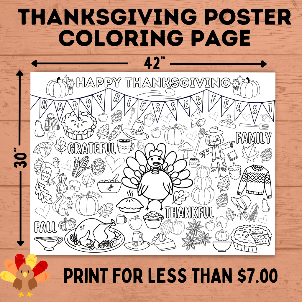 Thanksgiving Coloring Poster for Kids | Poster for Kids | Thanksgiving Activities for Kids | 18 x 24 and 30 x 42 | Thanksgiving Tablecloth