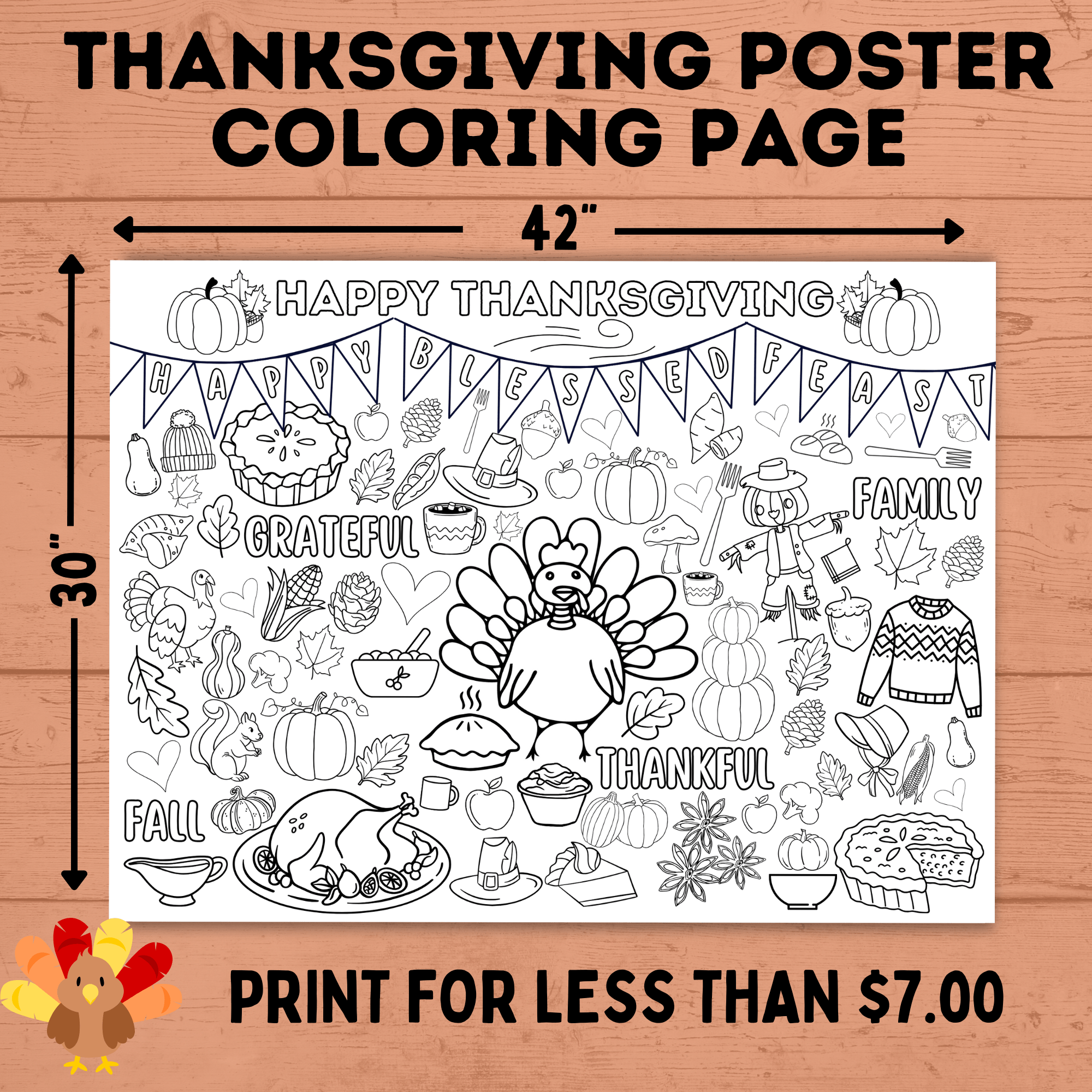Thanksgiving Coloring Poster for Kids | Poster for Kids | Thanksgiving Activities for Kids | 18 x 24 and 30 x 42 | Thanksgiving Tablecloth
