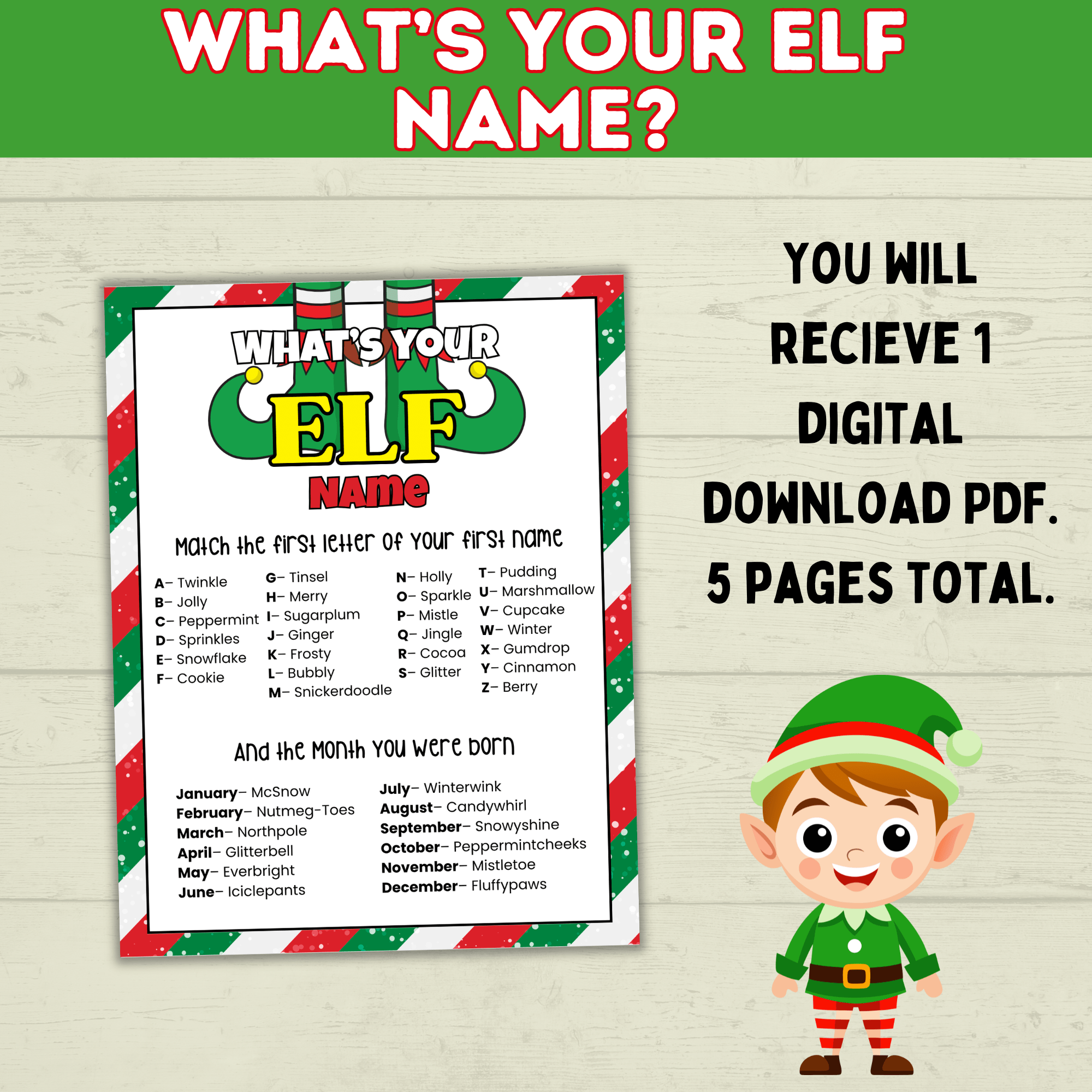 Elf Name Printable Party Game for Kids, Customizable PDF digital Download