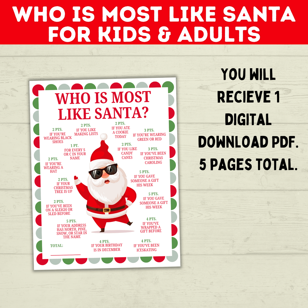 Who is Most Like Santa Claus Christmas Printable Game Kids and Adults, Christmas Party Games, Customizable