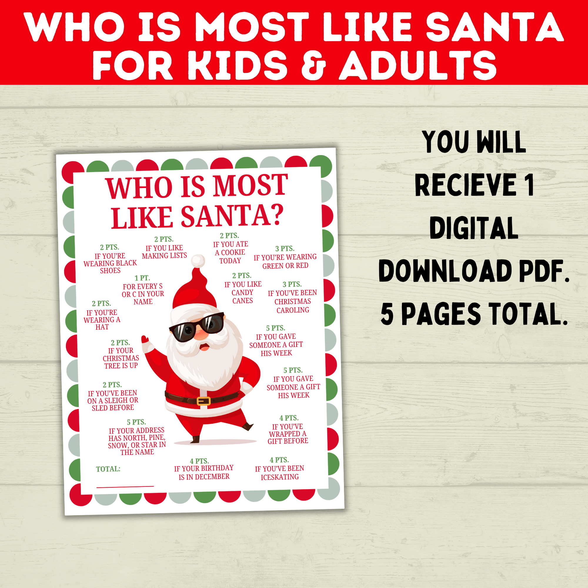 Who is Most Like Santa Claus Christmas Printable Game Kids and Adults, Christmas Party Games, Customizable