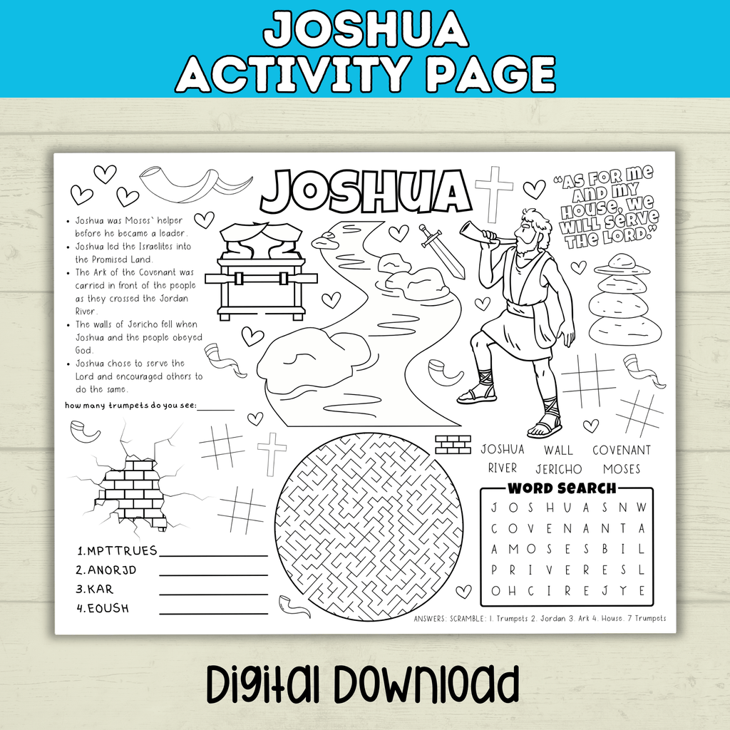 Joshua Kids Activity Bible Page, Coloring Page, Sunday School, Christian Printable Digital Download, Ark of the Covenant Scripture Sheet