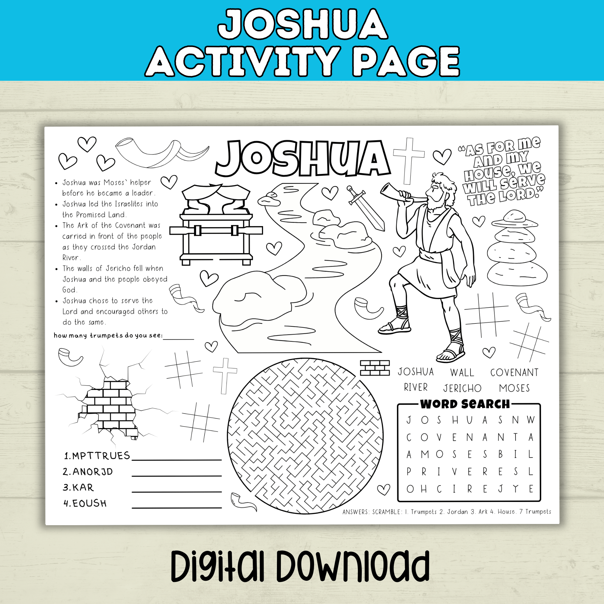 Joshua Kids Activity Bible Page, Coloring Page, Sunday School, Christian Printable Digital Download, Ark of the Covenant Scripture Sheet