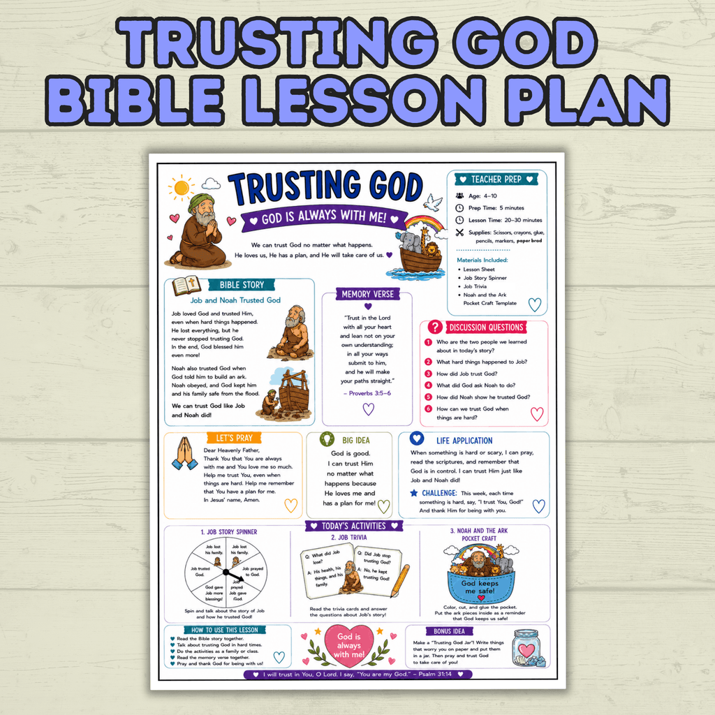 Trust in God Lesson, Bible Lesson, Job Story, Job Lesson, Noah Lesson, Noah and the Ark, Job Trivia, Sunday School Activity