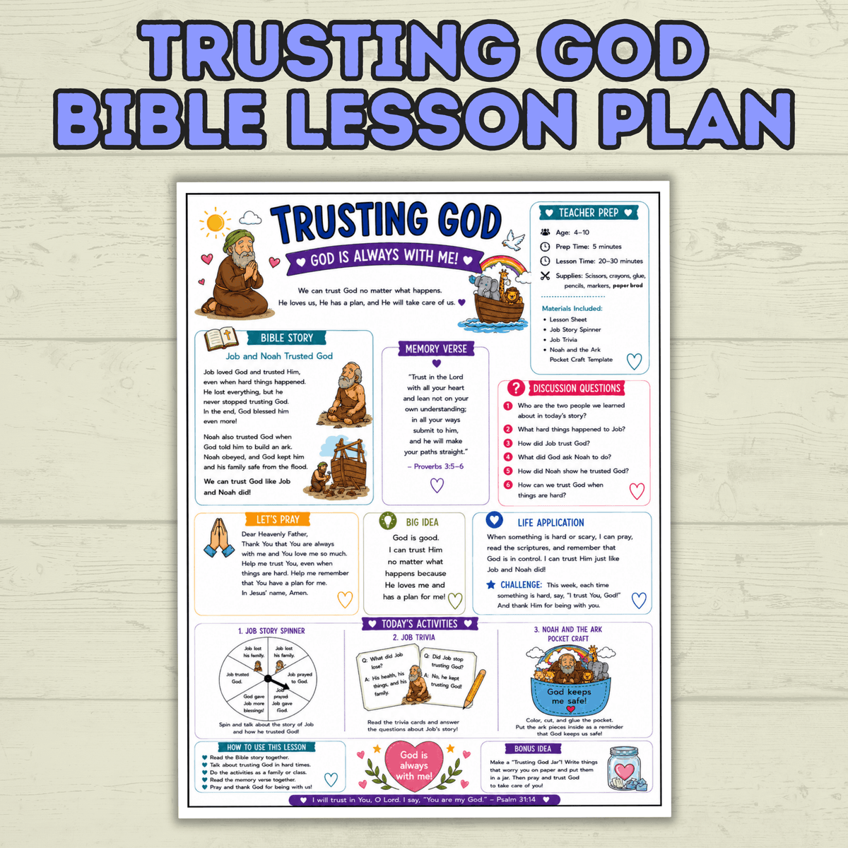 Trust in God Lesson, Bible Lesson, Job Story, Job Lesson, Noah Lesson, Noah and the Ark, Job Trivia, Sunday School Activity