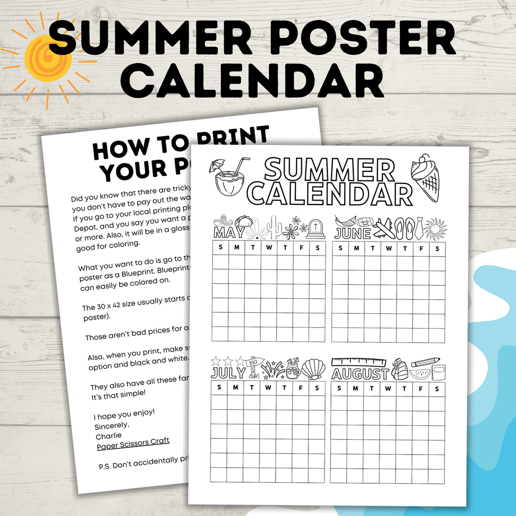 Summer Poster Calendar for Kids and Family | Summer Calendar | Summer Schedules | Summer Coloring Pages | Summer Activities | Kids Calendar
