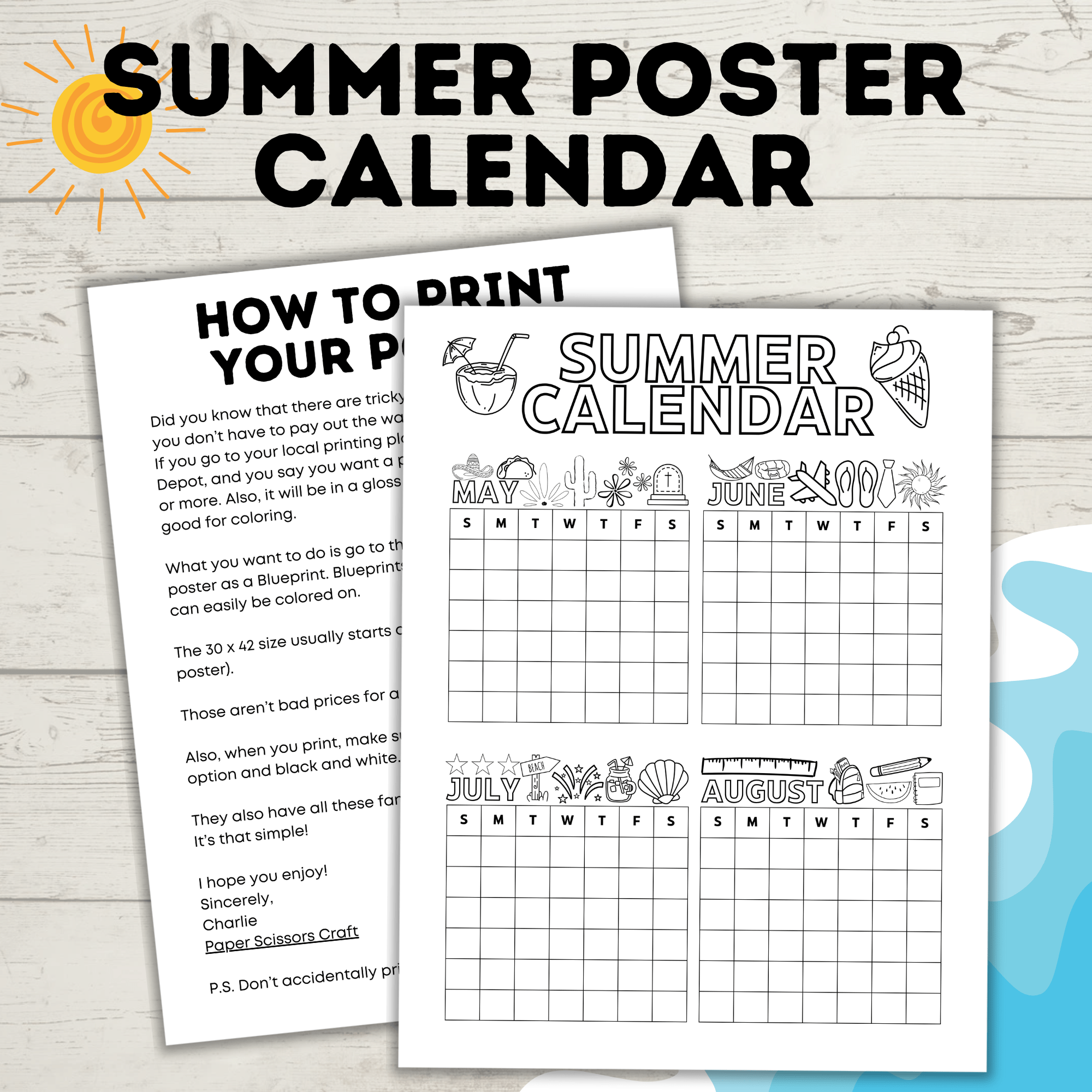 Summer Poster Calendar for Kids and Family | Summer Calendar | Summer Schedules | Summer Coloring Pages | Summer Activities | Kids Calendar