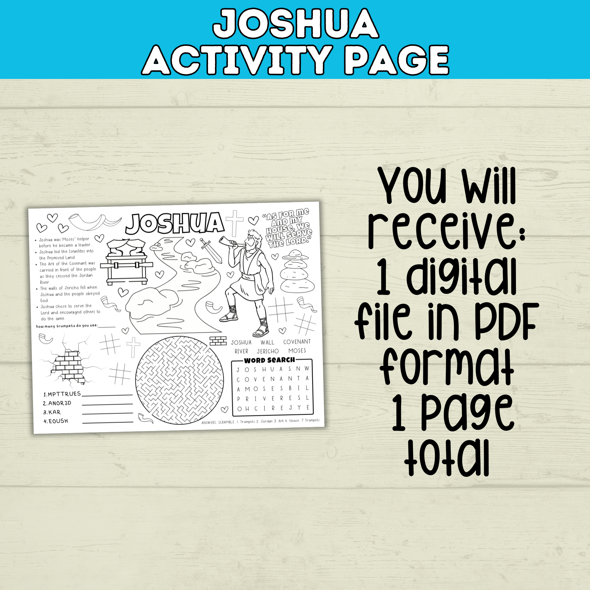 Joshua Kids Activity Bible Page, Coloring Page, Sunday School, Christian Printable Digital Download, Ark of the Covenant Scripture Sheet