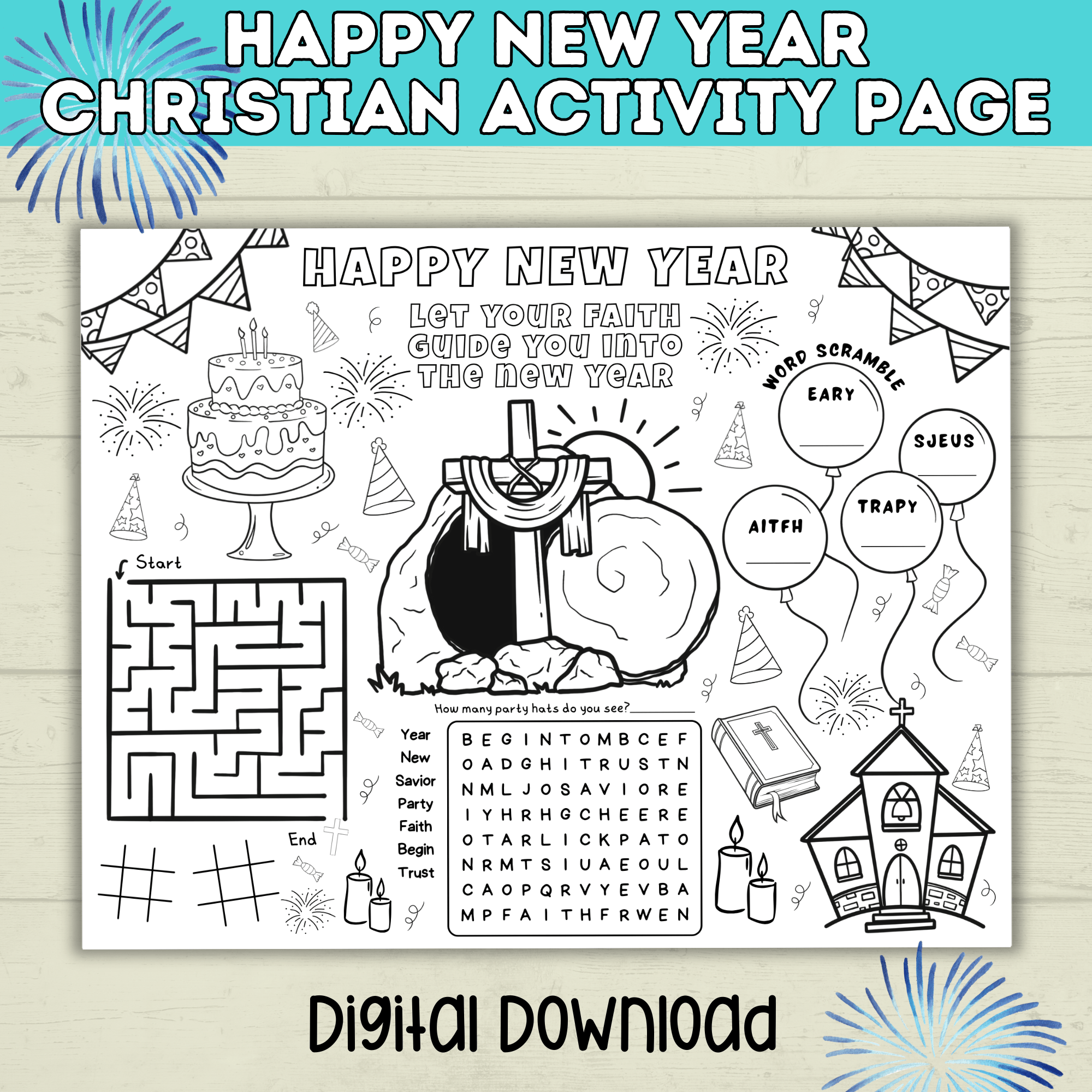 New Year's Eve Christian Coloring Sheet for Kids, Sunday School Bible Games for Children's Ministry