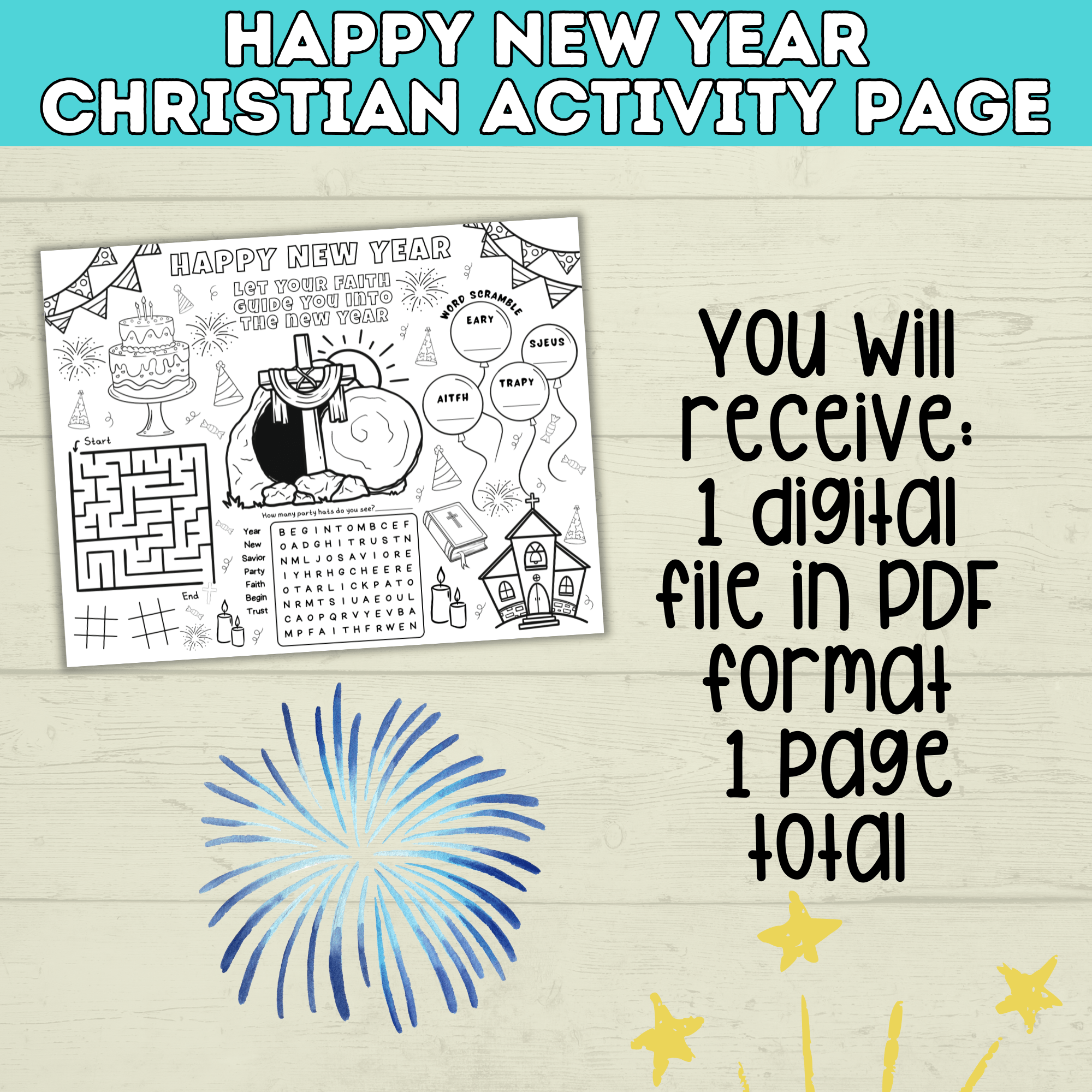 New Year's Eve Christian Coloring Sheet for Kids, Sunday School Bible Games for Children's Ministry