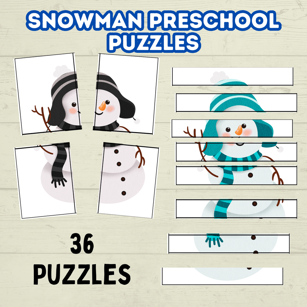 Fun Snowman Preschool Puzzles for Toddlers, Winter Holiday Activities, Kindergarten