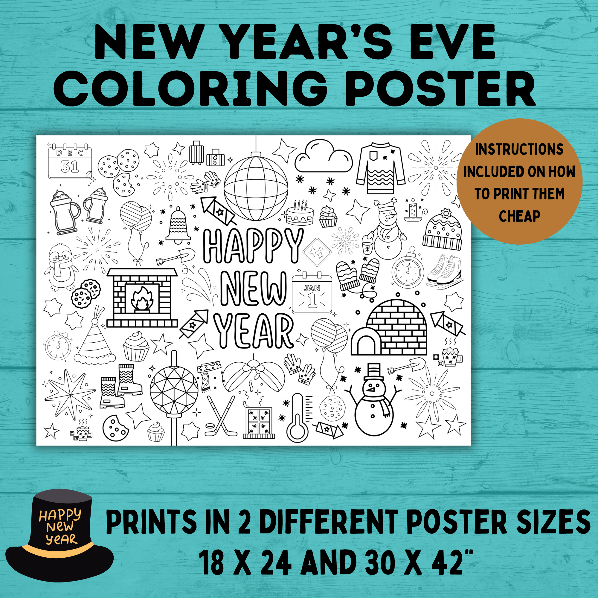 New Year's Eve Coloring Poster for Kids | Kids Coloring Pages | New Year's Eve Printables for Kids | New Year's Eve Activities | NYE