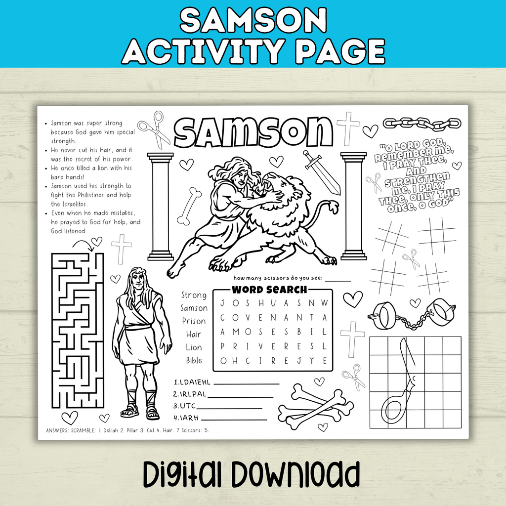 Bible Old Testament Coloring Activity Page for Kids, Samson, Sunday School, Christian Children's Ministry Printable, Digital Download