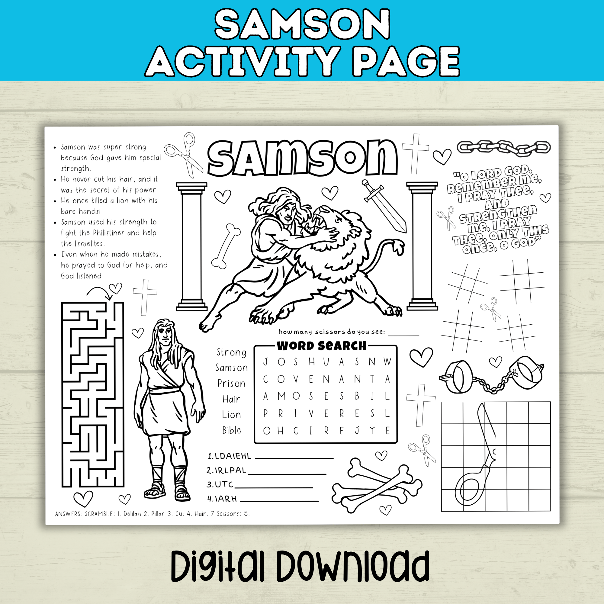 Bible Old Testament Coloring Activity Page for Kids, Samson, Sunday School, Christian Children's Ministry Printable, Digital Download