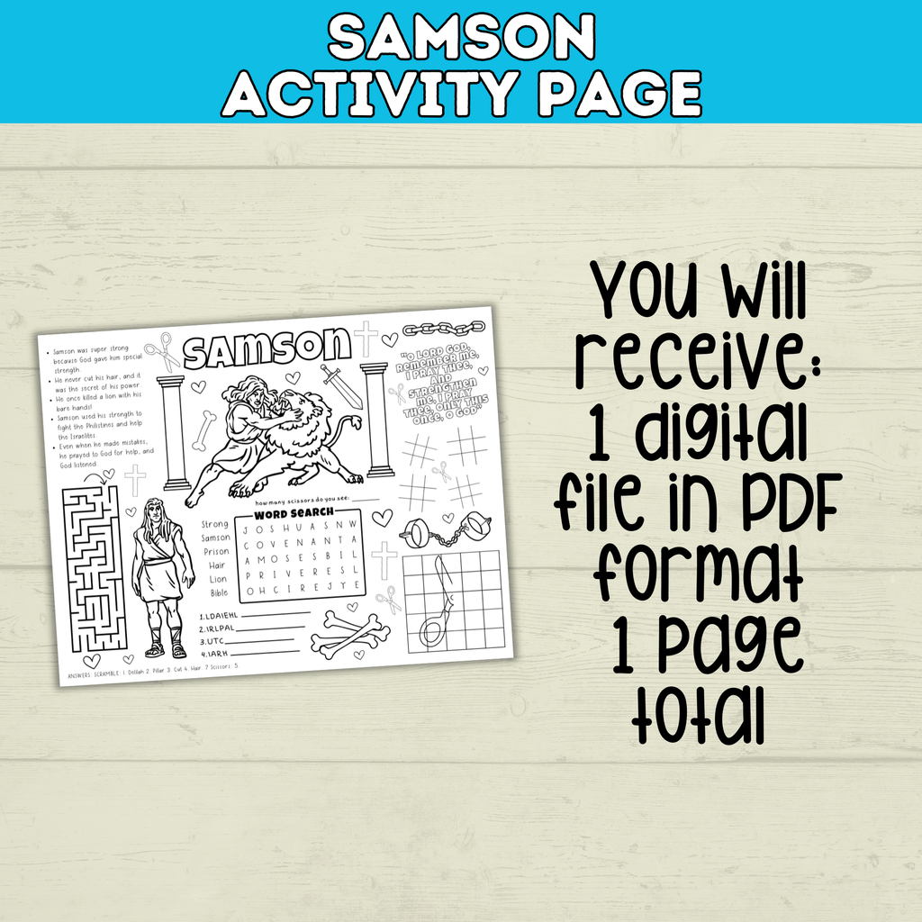 Bible Old Testament Coloring Activity Page for Kids, Samson, Sunday School, Christian Children's Ministry Printable, Digital Download