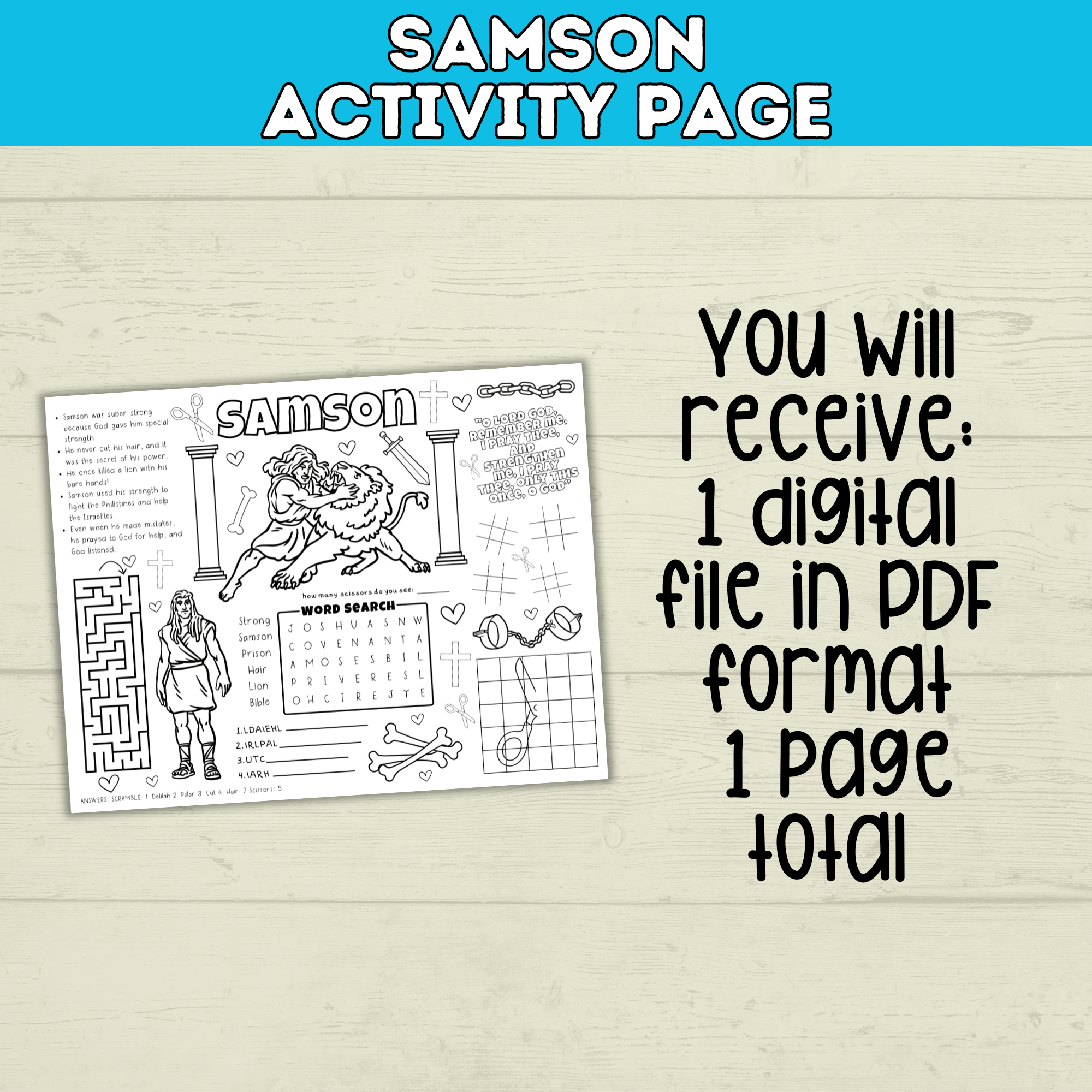 Bible Old Testament Coloring Activity Page for Kids, Samson, Sunday School, Christian Children's Ministry Printable, Digital Download