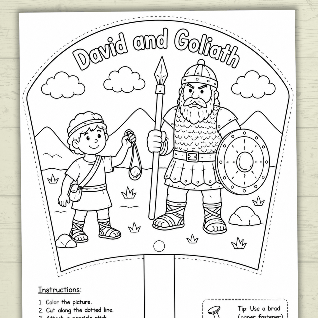 David and Goliath Craft, Bible Story Craft, Sunday School Craft, Fan Craft, Cut and Paste Craft, Bible Lesson, Christian Craft, Homeschool