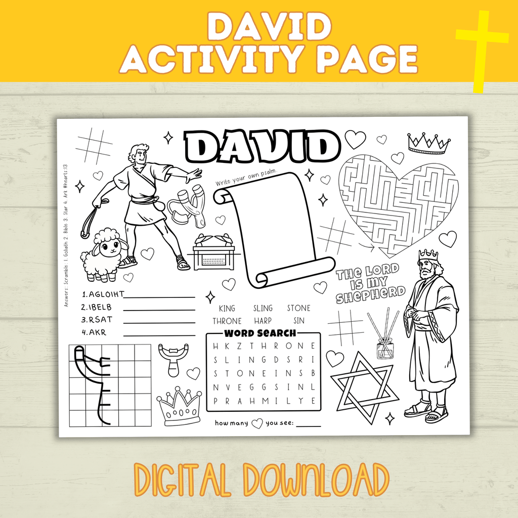 King David Activity Sheet for Kids | Bible Activity | Coloring Sheet | Activity Placemat | Lesson Plan | Star of David | Church | Digital