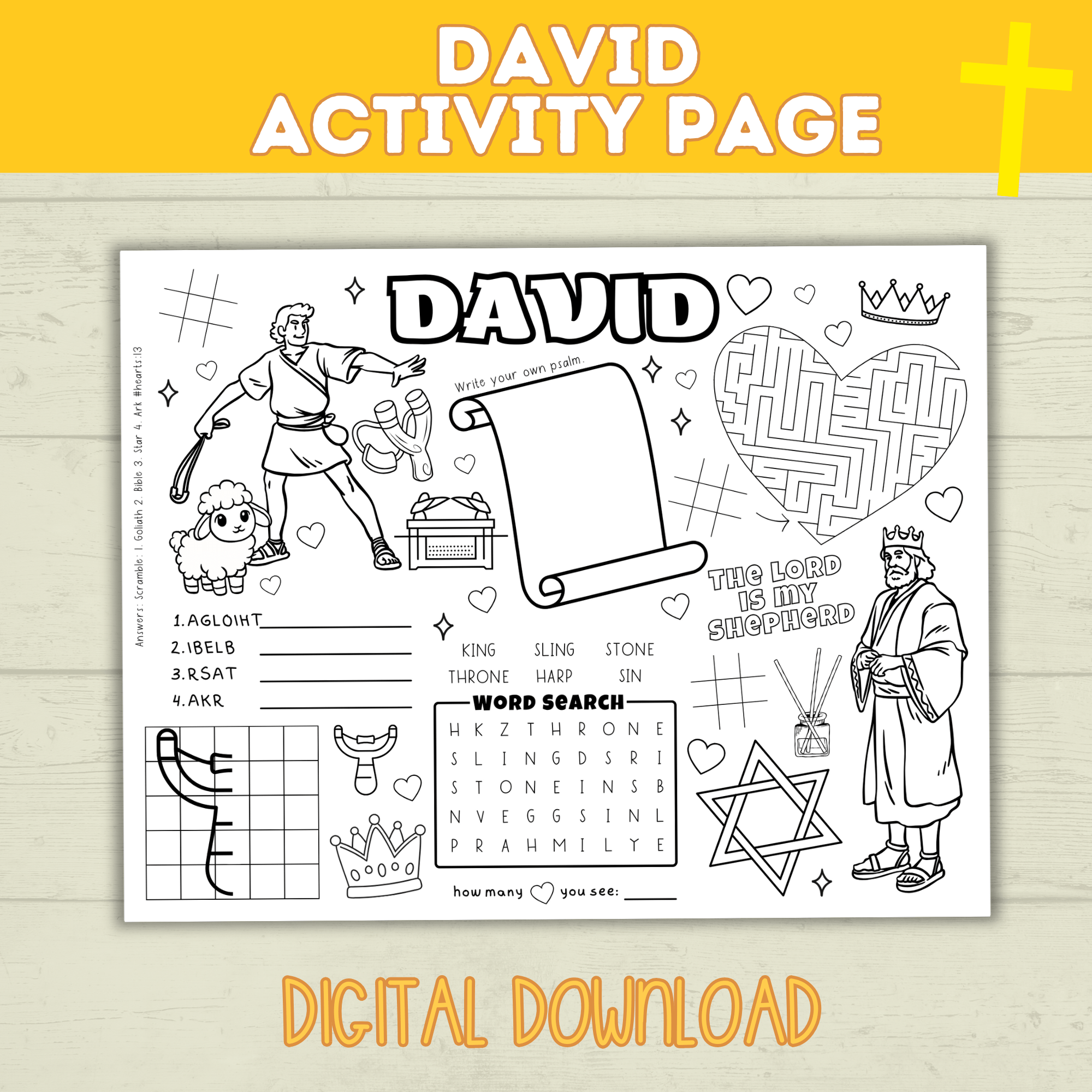 King David Activity Sheet for Kids | Bible Activity | Coloring Sheet | Activity Placemat | Lesson Plan | Star of David | Church | Digital
