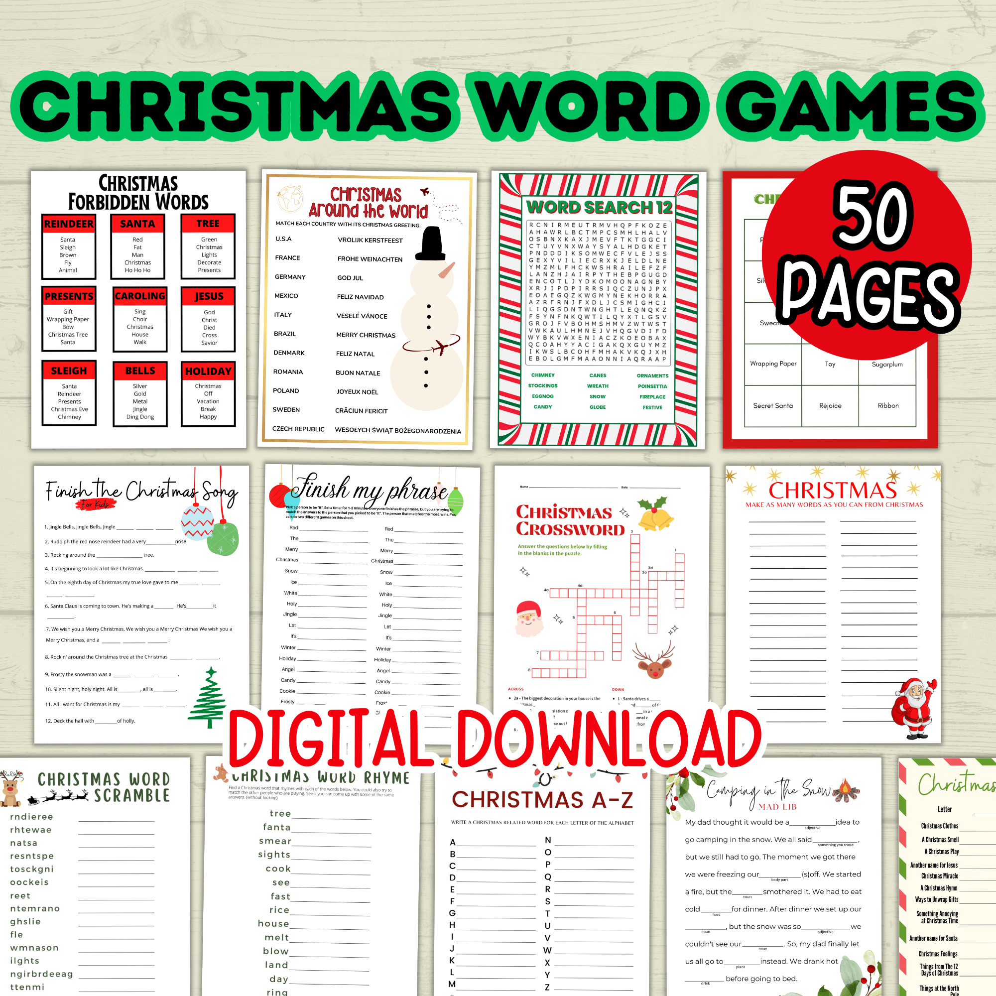 Christmas Classroom Party Printable Word Games for Kids, Group Activities, Family Reunion Holiday Game