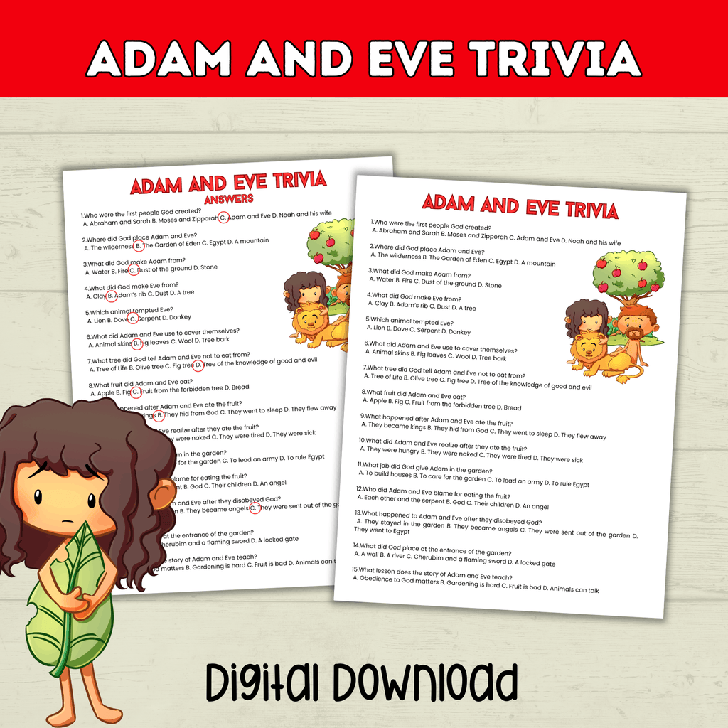 Adam and Eve Trivia Printable for Kids, Garden of Eden, Bible Characters, Sunday School Lesson