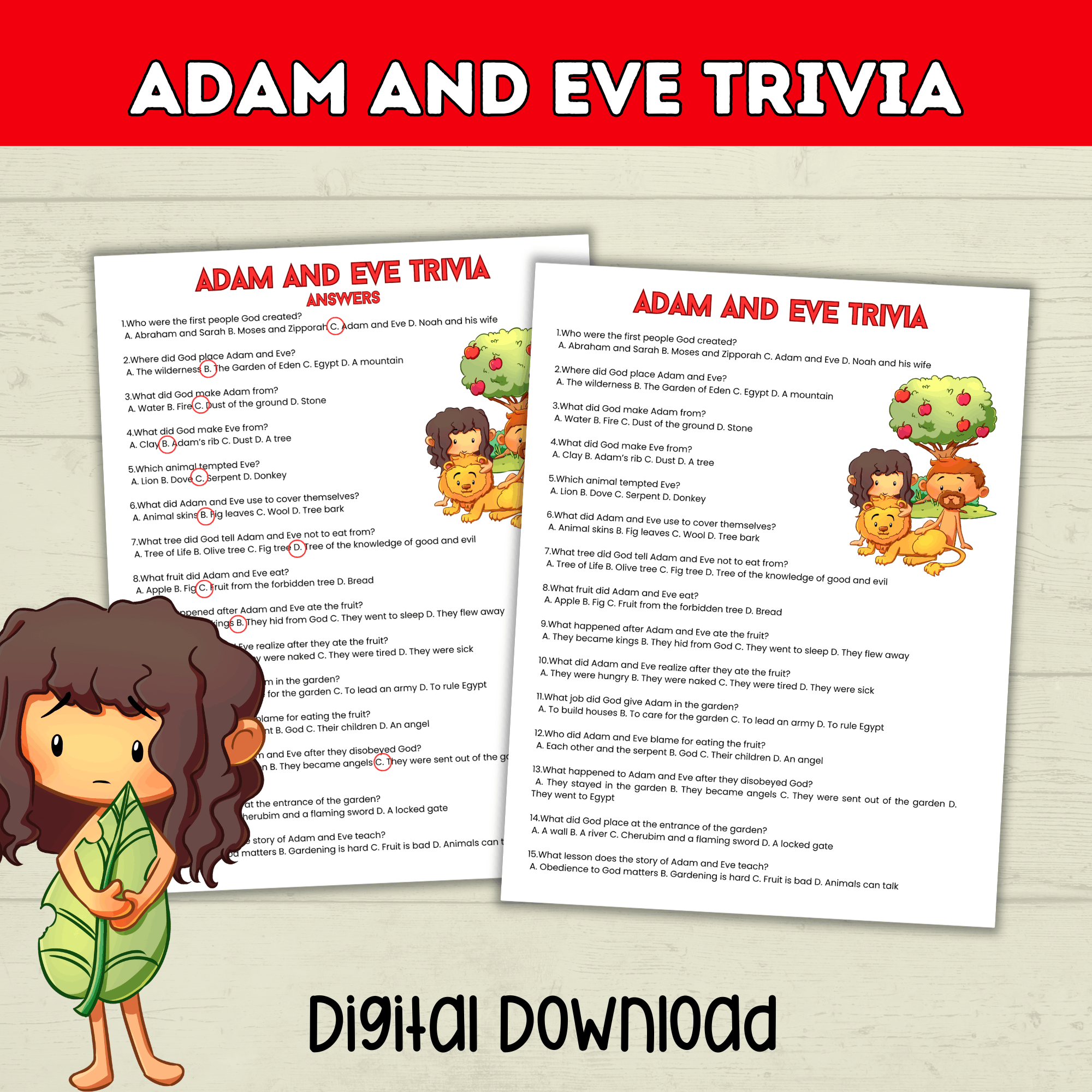 Adam and Eve Trivia Printable for Kids, Garden of Eden, Bible Characters, Sunday School Lesson