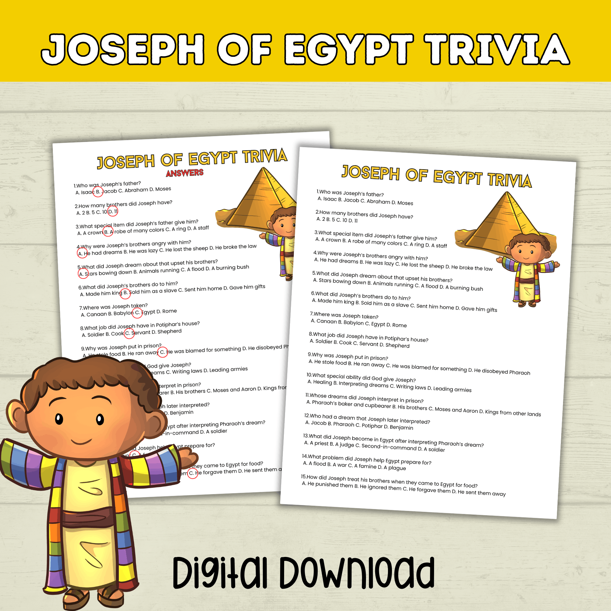 Prince Joseph and the Coat of Many Colors in Egypt Bible Story Trivia, Genesis Bible Lesson, Old Testament Activity, Homeschool, Church