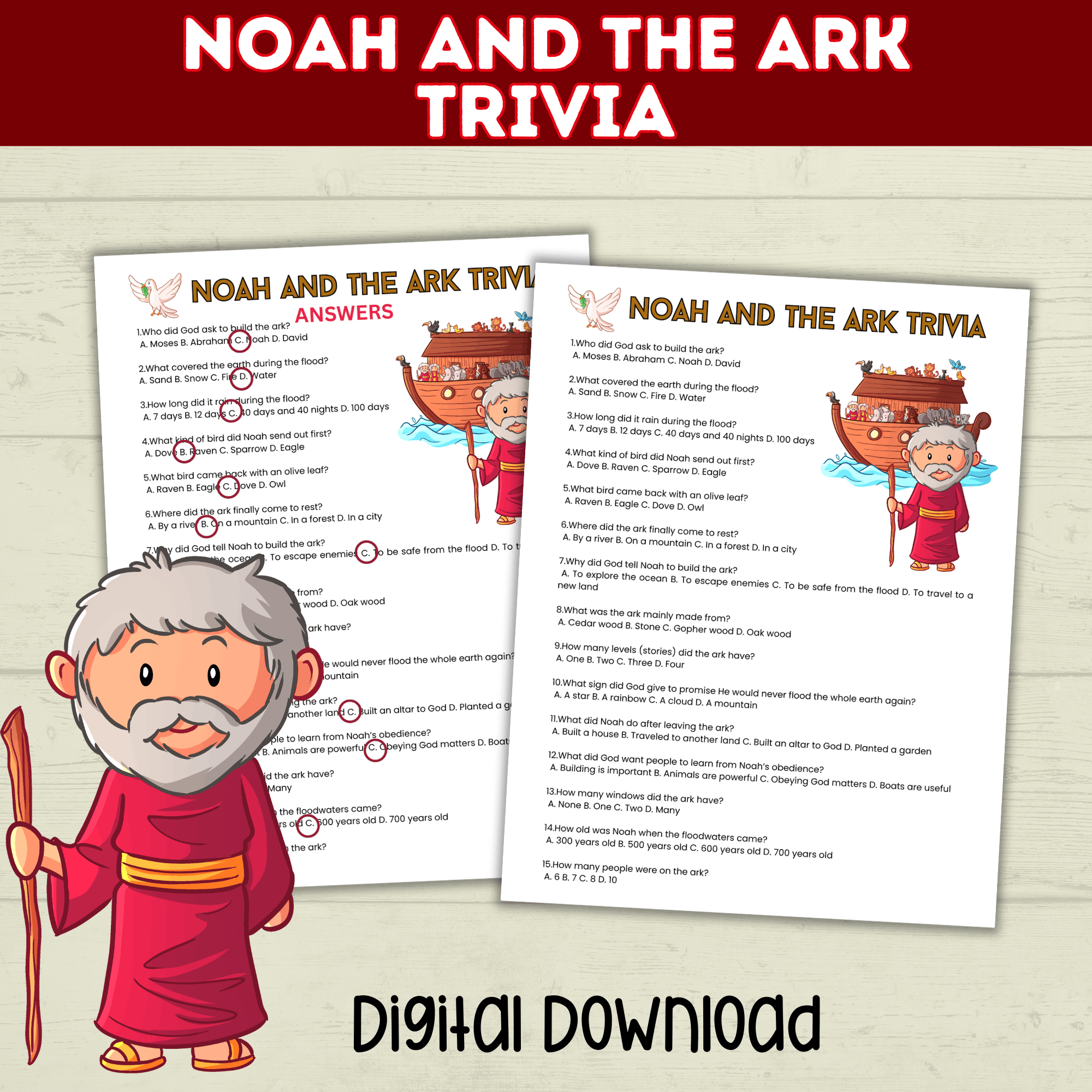 Noah's Ark Trivia Game Printable Old Testament Activity, Sunday School, Church, Homeschool Genesis Lesson, Bible Characters